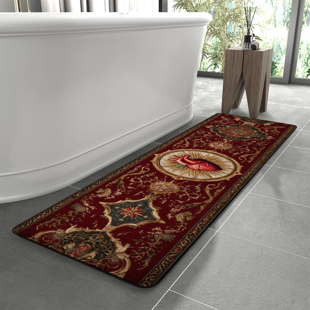 1PC， Wine - red Carpet with Heart Pattern strip rugs, home décor, bathroom mats, entryway mats, bathroom non-slip mats, indoor entrance rugs, bedroom bedside mats, kitchen mats, hallway rugs, flannel sponge rugs, hallway runner rugs