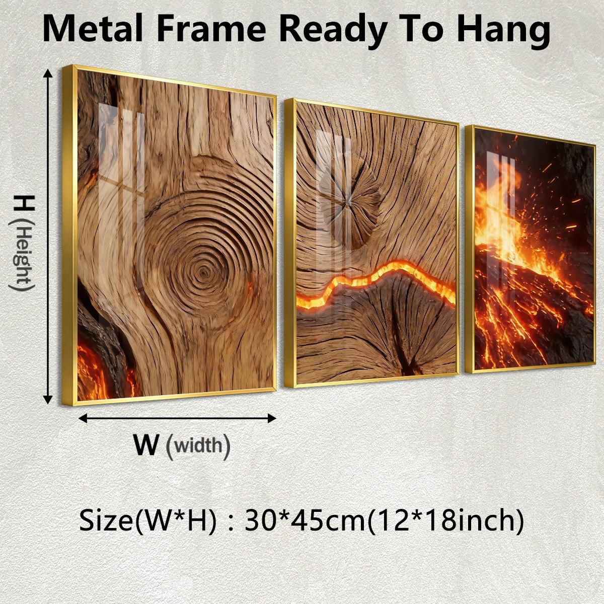 3 Counts Aluminum Alloy Framed Painting, Burning Wood Texture And Flowing Lava Art Pictures, Home Decoration For Living Room, Bedroom, Office, Restaurant, Hallway Wall Decor, Odorless Print Artwork, Luxury Perfect Gift For Friends And Family