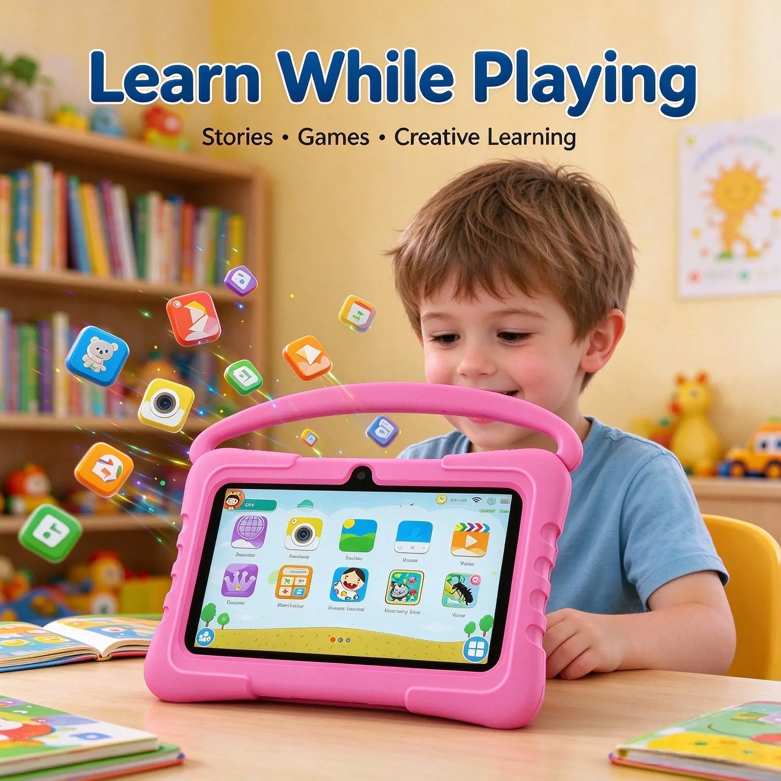Children Android Tablet, 4000mAh Long Lasting Battery, Parental Time & App Control, Eye-friendly IPS Display, Portable Shockproof Silicone Cover with Handle, Rich Educational Games & Story Resources, Learn While Playing, Kids Educational Learning Tablet