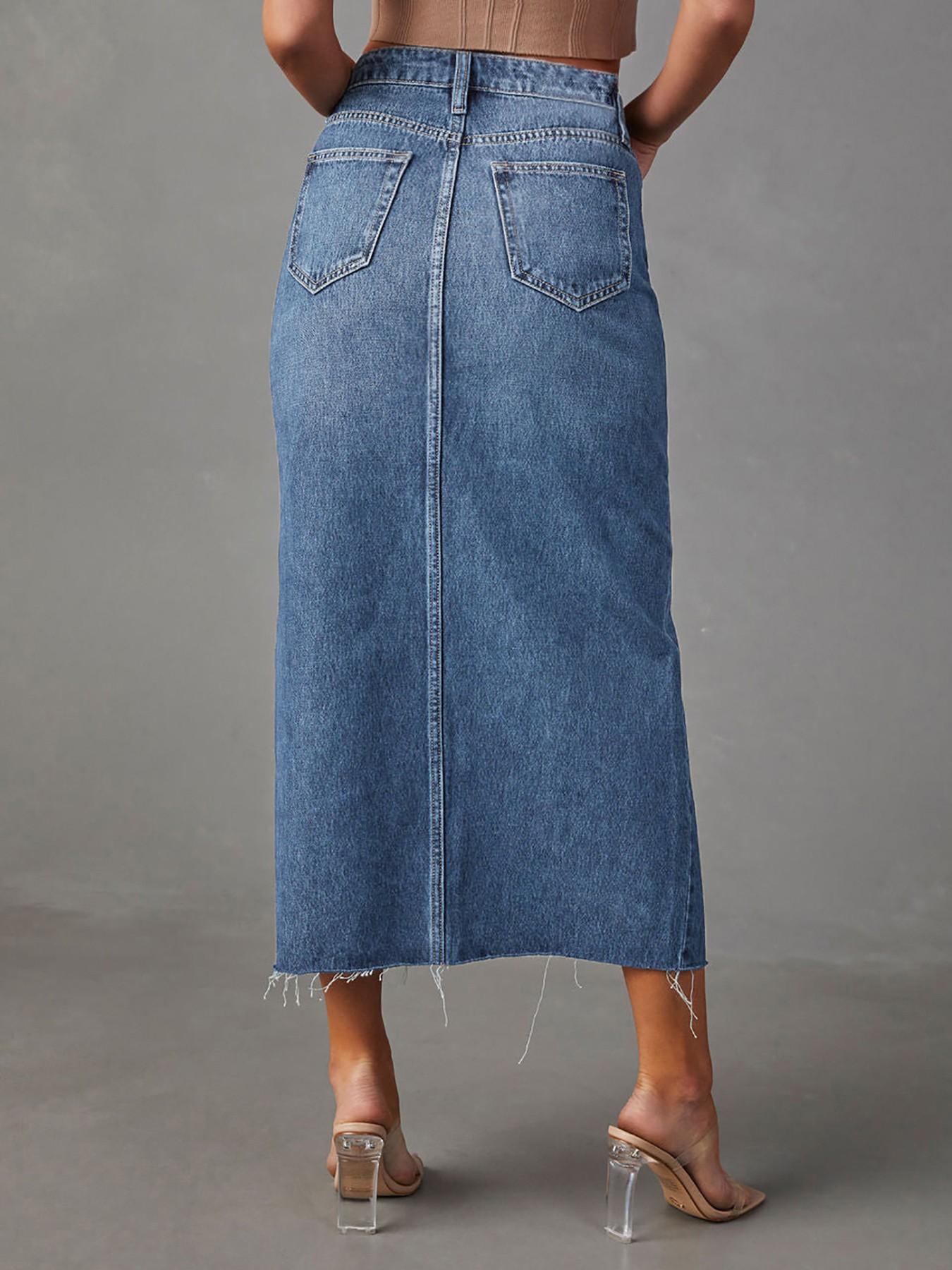 Women's Straight Leg Split Denim Midi Skirt, Basic Fitted Denim Half Skirt, Pocket Design, Slimming Casual Dress for Summer, Slit