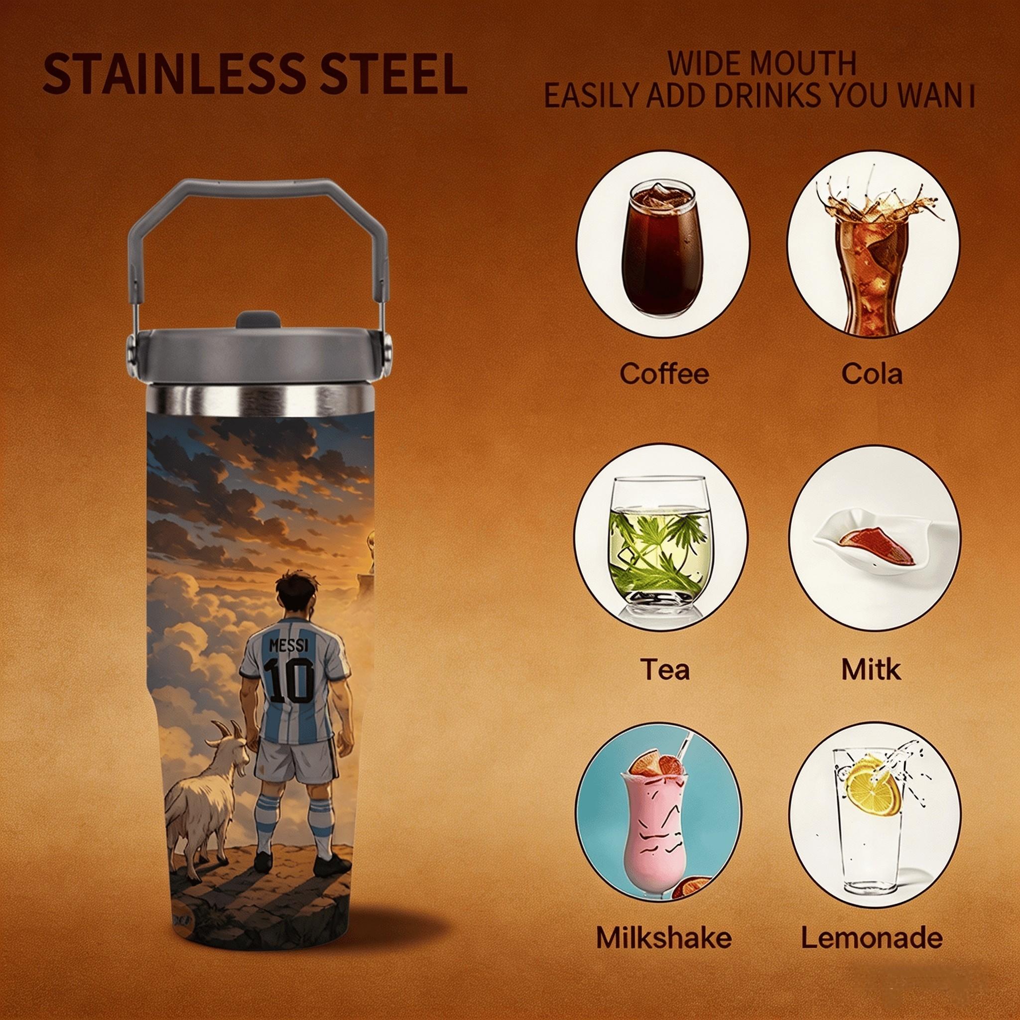 1pc 30oz stainless steel large-capacity car water bottle, featuring Messi and Ronaldo together. for fans of Messi and Ronaldo, football enthusiasts. Multiple patterns are available for selection. Outdoor camping Coffee Cups & Mugs