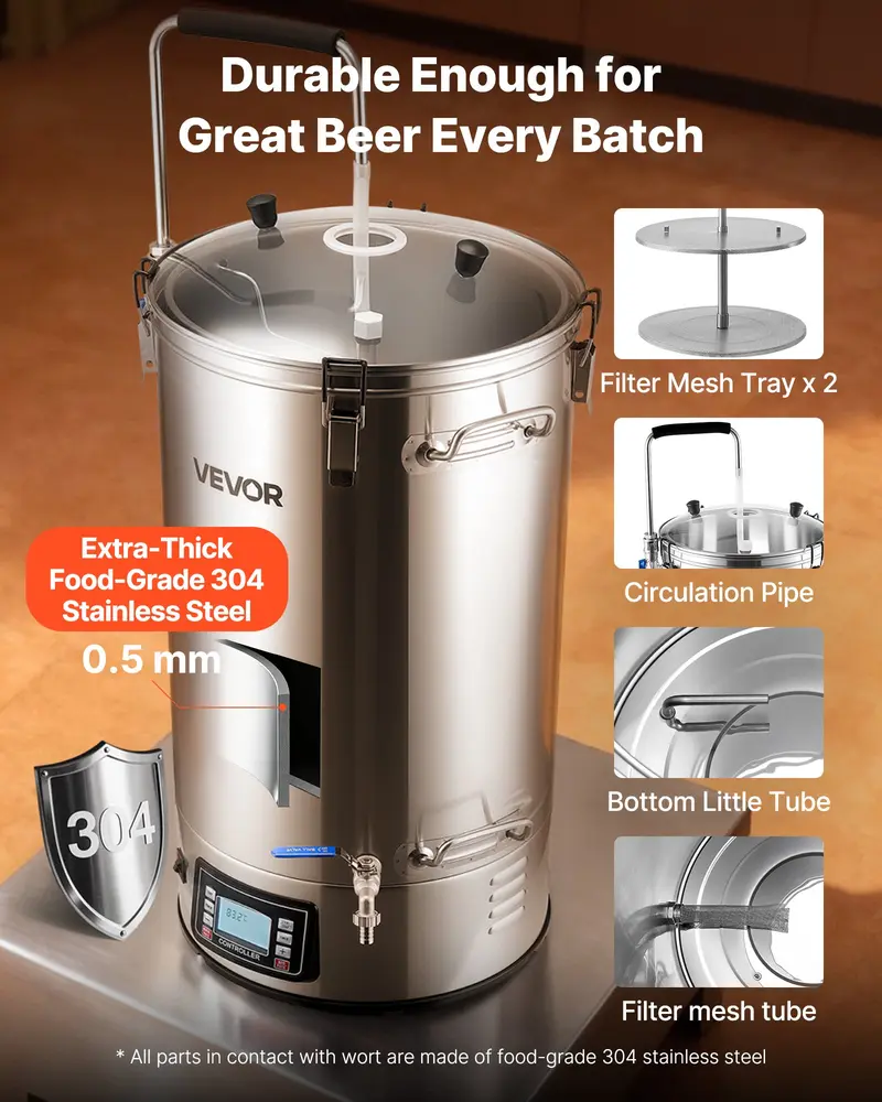 VEVOR Stainless Steel Beer Brewing Equipment for Beginners, 16 Gal/60L 31.75 Lbs / 14.4 Kg Dual Insulation All-in-1 Home Beer Maker, 3000W Digital Control, Anti-Burn Pump, Wort Chiller, Recipe Memory, Timer, Removable Mesh Strainer, 16 Gal / 60 L VEVOR Stainless Steel Beer Brewing Equipment for Beginners, 16 Gal/60L 31.75 Lbs / 14.4 Kg Dual Insulation All-in-1 Home Beer Maker, 3000W Digital Control, Anti-Burn Pump, Wort Chiller, Recipe Memory, Timer, Removable Mesh Strainer, 16 Gal / 60 L