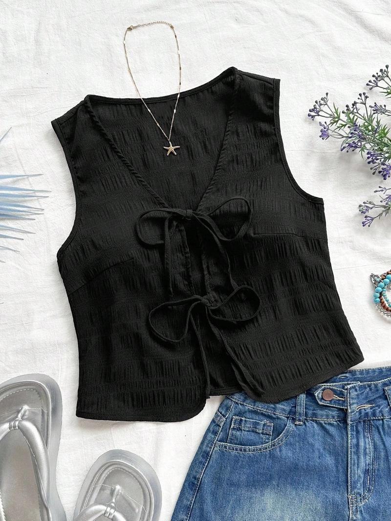 Women's All Over Print Tie Front Tank Top, Casual Sleeveless V Neck Top for Summer, Ladies Clothes for Daily Wear