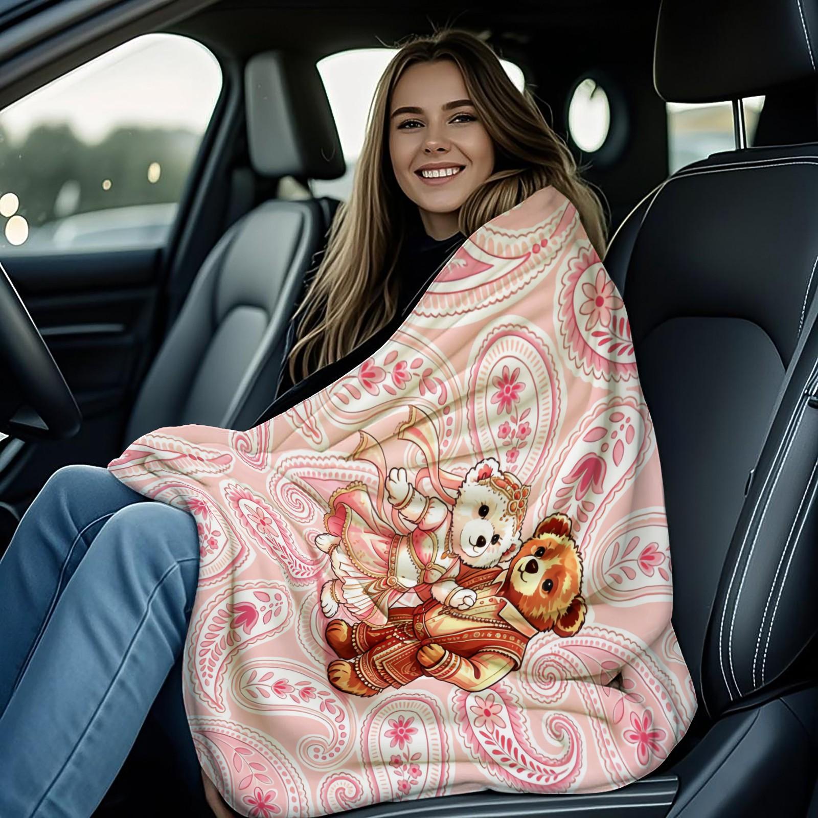 Ethnic Couple Bear Throw Blanket, Soft Skin-Friendly Plush Fleece, Lightweight Cozy, Pink Paisley Floral Print, for Couch Bed Office, All Seasons, Aesthetic Room Decor, Perfect Gift