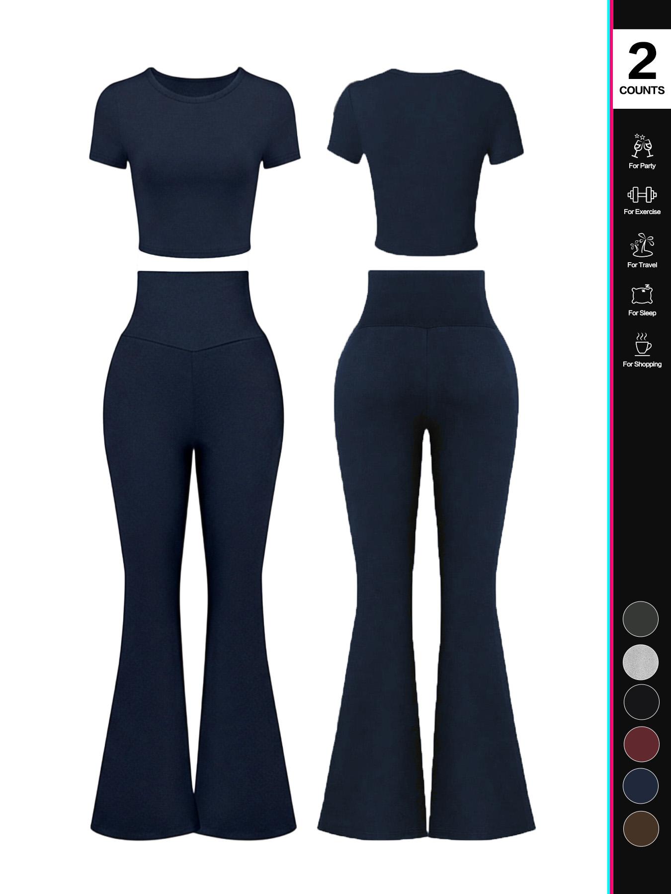 Women's Solid Loungewear Set, Casual Short Sleeve Crop Top & High Waist Flare Leg Pants, Ladies Sleepwear for All Seasons, Pajama Set