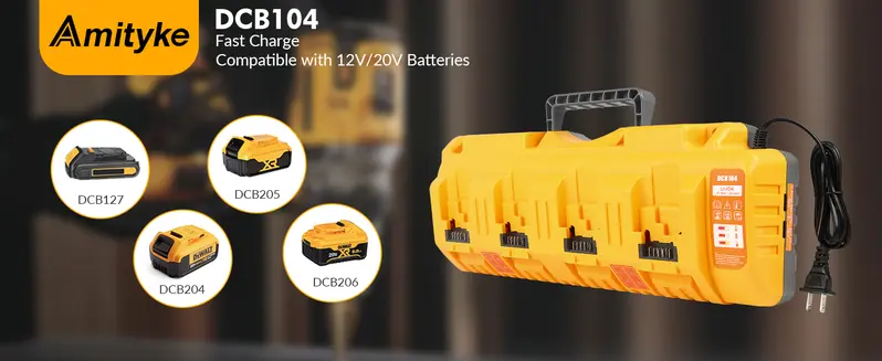 Product Introduction of Amityke DCB104 Replacement for Dewalt Multi-Battery Charger Station 4-Port Efficient Charging 12V 20V Batteries Dual USB Ports LED Indicator Portable Power Tool Accessories 0