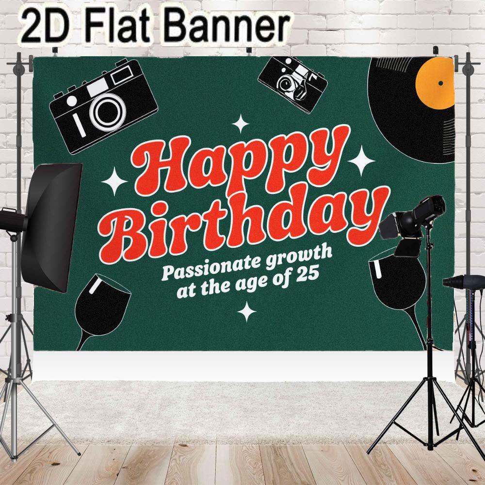 2D flat banner, 1pc25th Birthday Retro Party Backdrop, Red & Green Festive Background with Vinyl, Cameras, Wine Glasses, Star Decorations for 25th Birthday Party Decor