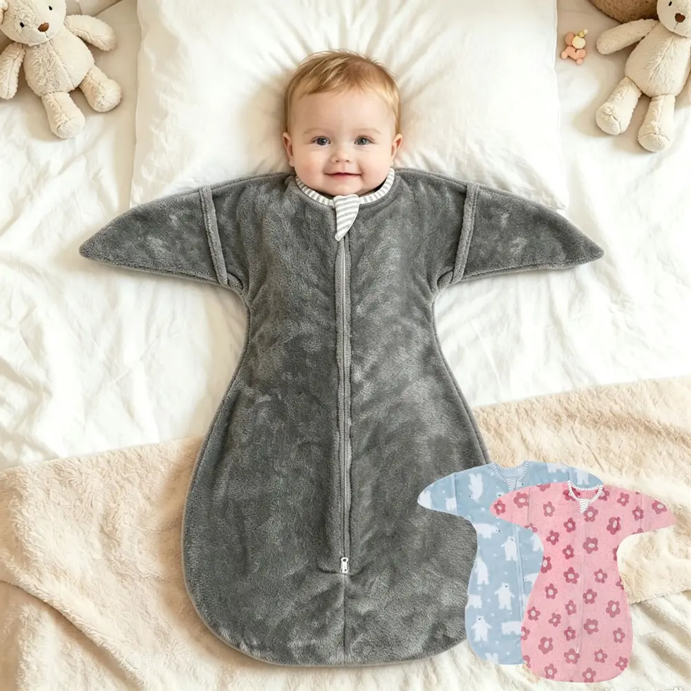 Fleece Baby Transition Sleep Bag, Newborn 3-12 Months Infant Swaddle Sleeping Sack All Seasons Use