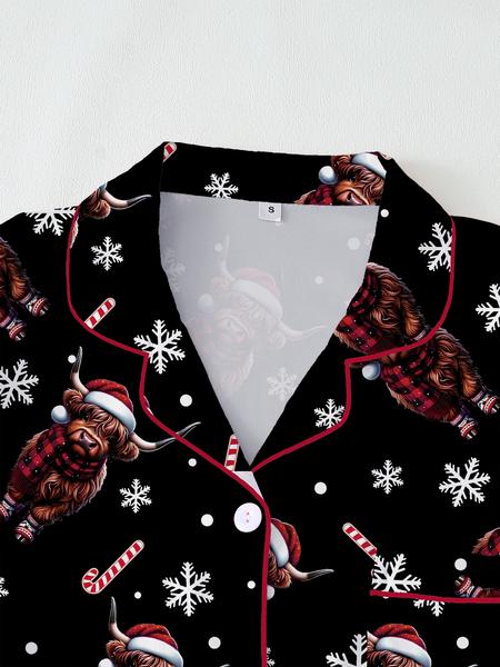 Women's Highland Cow Christmas Pajamas Set, Winter Thermal Long Sleeve Loungewear, Elastic Waist Pants, Black Soft & Cute Outdoor Christmas Costume, with Christmas Animal Hat, Tree, Snowflake, Candy Prints, Christmas Gift