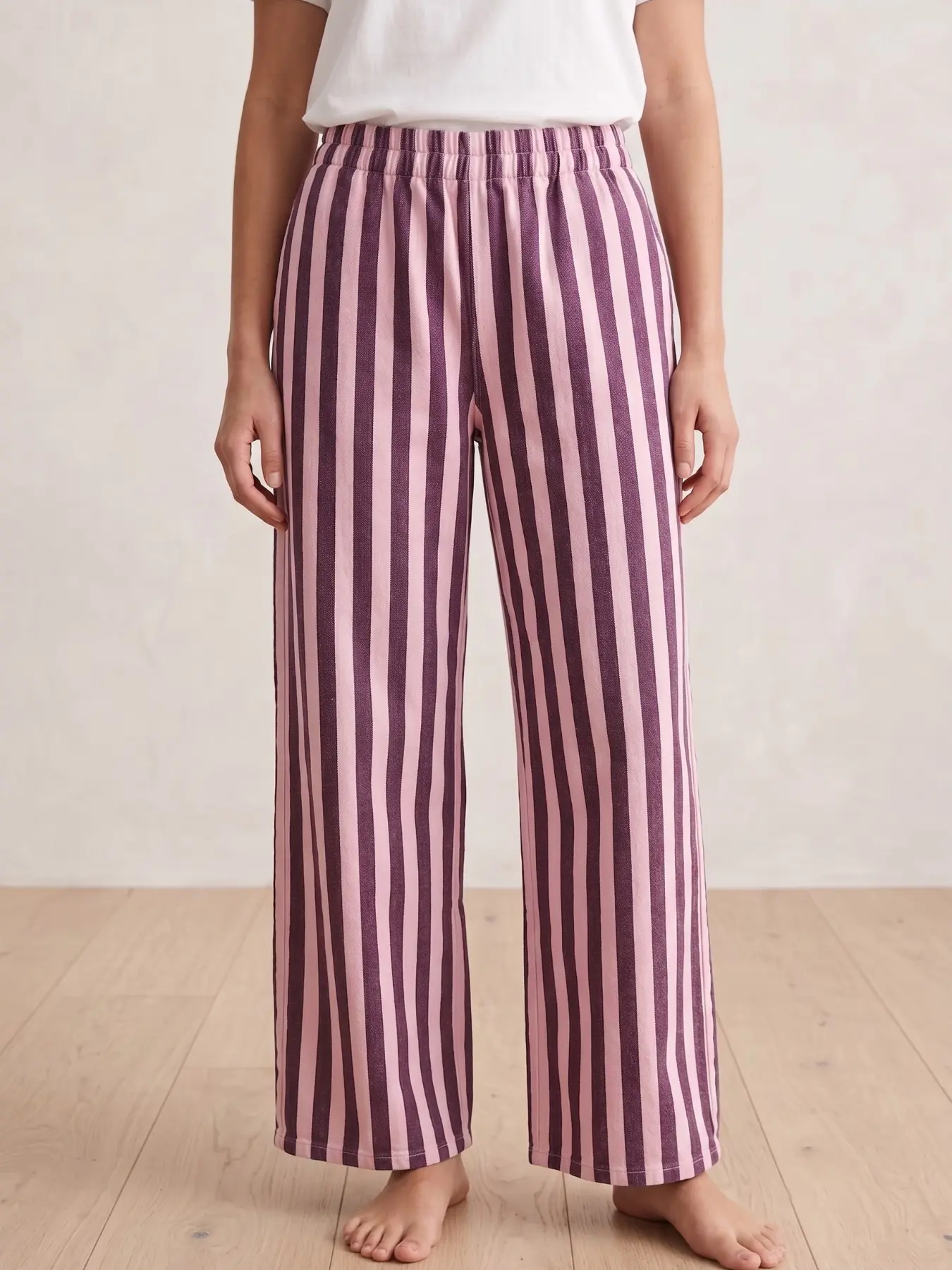 Vintage Vertical Stripe Linen Wide Leg Pants for Women, Elastic Waist Loose Fit Casual Long Pants, Vacation Style Drop Waist with Pockets