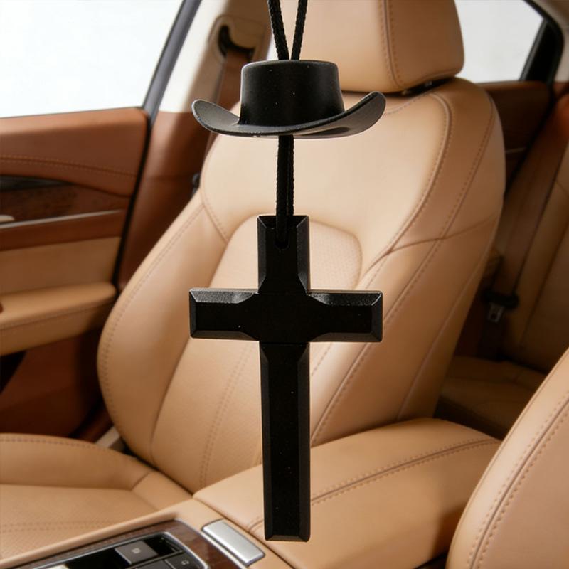 1pc Cowboy Hat with Cross Car Hanging Ornament, Plastic Mini Hat & Wooden Cross Rearview Mirror Decor, Western Christian Faith Car Interior Decor, Country Auto Pendant Gift for Men Women Truck Drivers