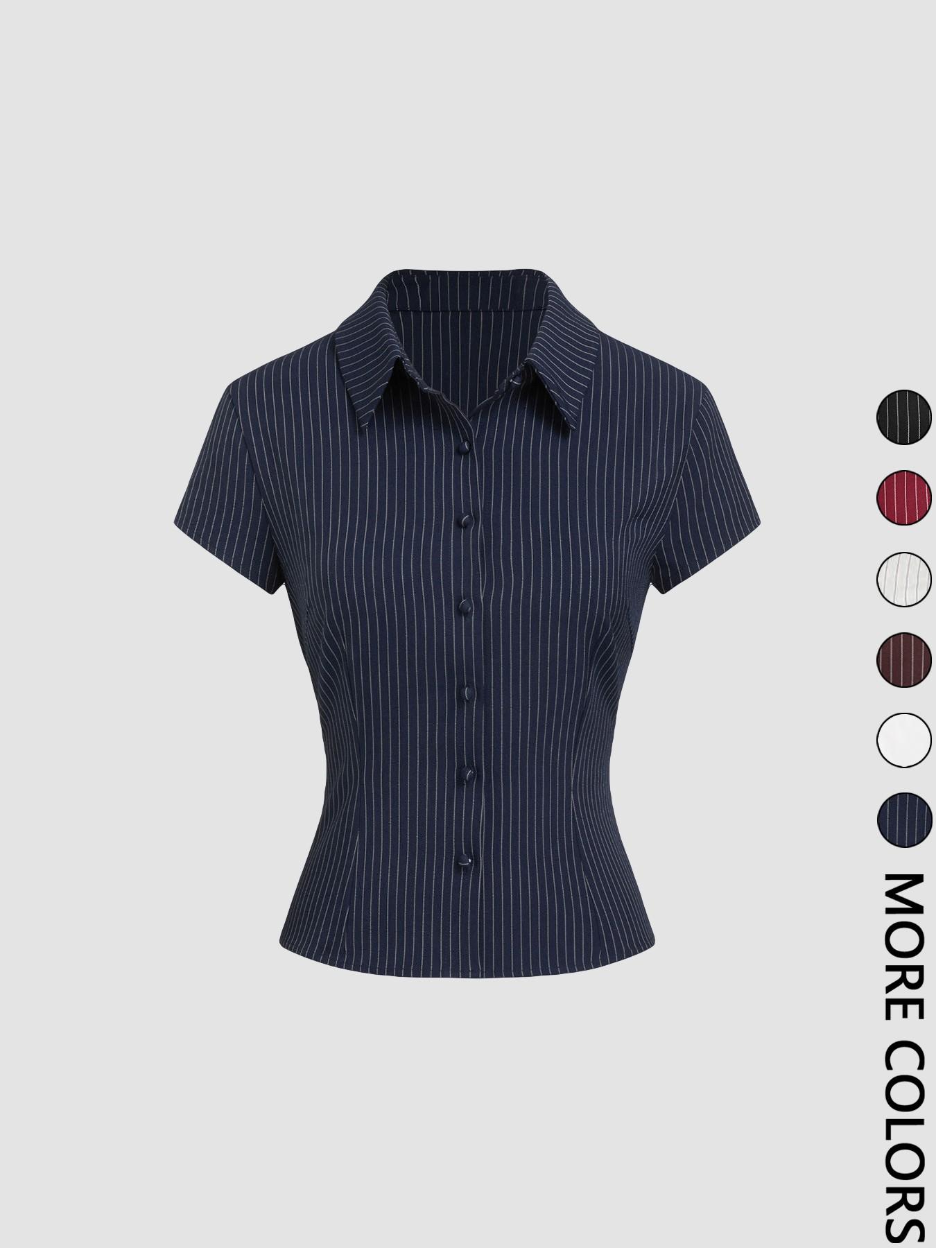 Women's Plain / Striped Print Button  Shirt, Casual Slim-fitting Short Sleeve Collared Top for Daily Wear, Ladies Clothes for All Seasons