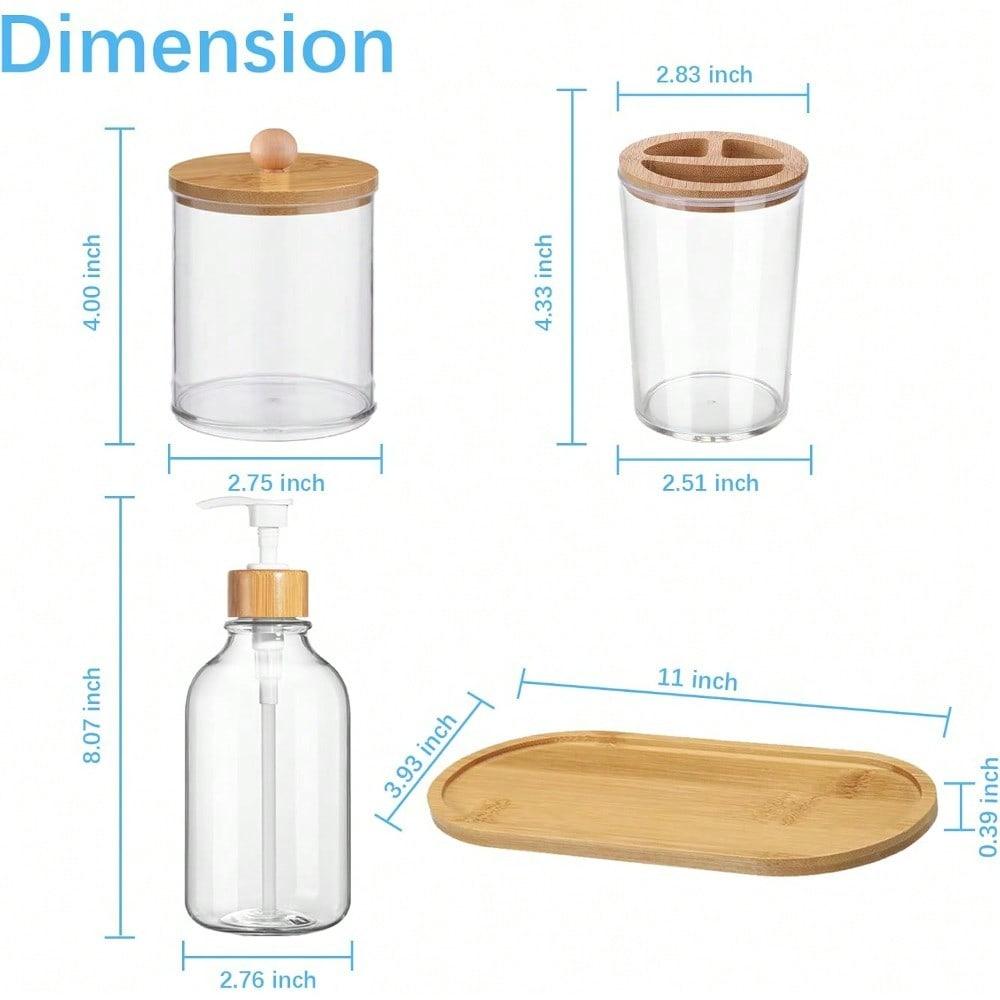 5 Pack Bamboo Bathroom Accessories Set With Tray, Plastic Soap Dispenser, Clear Toothbrush Holder And 2 Qtip Holder Cotton Ball Container Jar