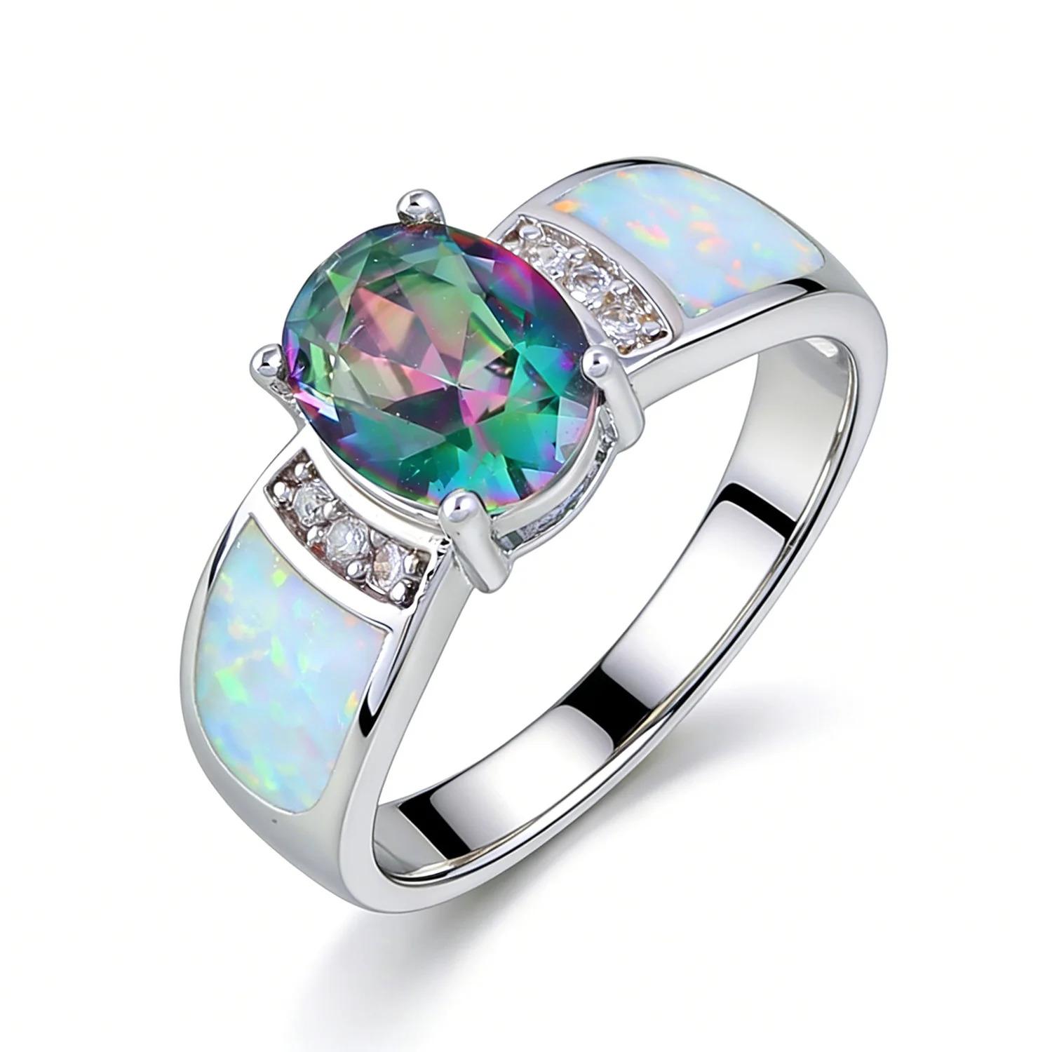 White K Plated Synthetic Fire Opal Colorful Zircon Fashion Jewelry For Women Cocktail Ring Anniversary Gifts for Her