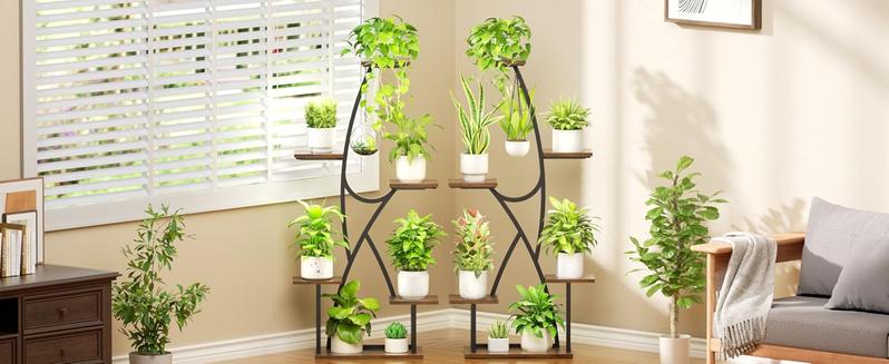 2 Pack 45" Tall 12 Tiered Plant Stand with Grow Lights for Indoor Plants - Corner Plant Shelf, Sturdy Iron Structure, Dimmable Full-Spectrum Lights, Easy Assembly, Perfect for Living Room & Patio Hanging Baskets