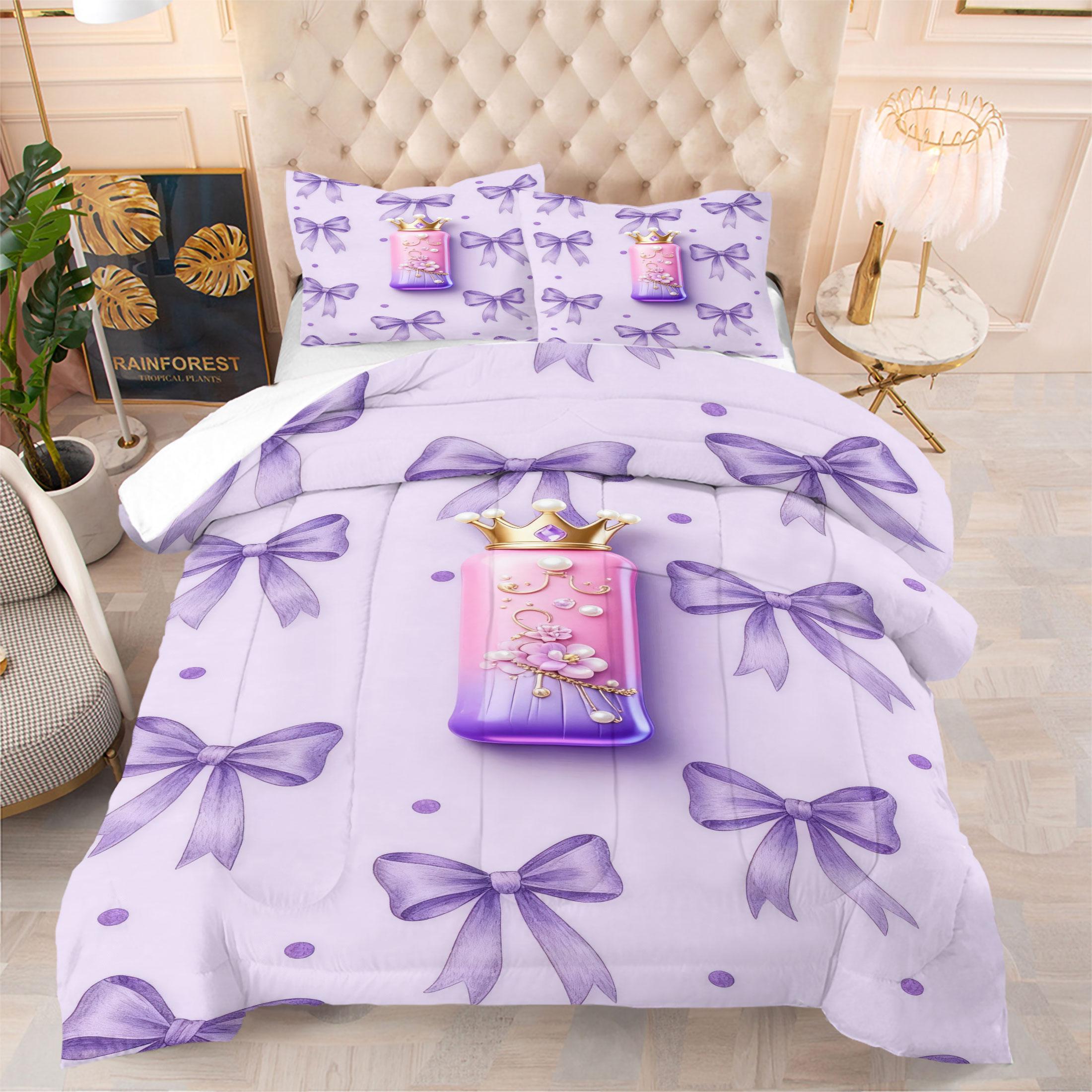 Bow Pattern Comforter Set, 3D Crown Letter Print Comfy Bedding Set, Fashion Princess Style Design, Soft and Comfortable Microfiber Material, Perfect for Girls Teenage Room Decor Home Decorating Kit, No Filler Included