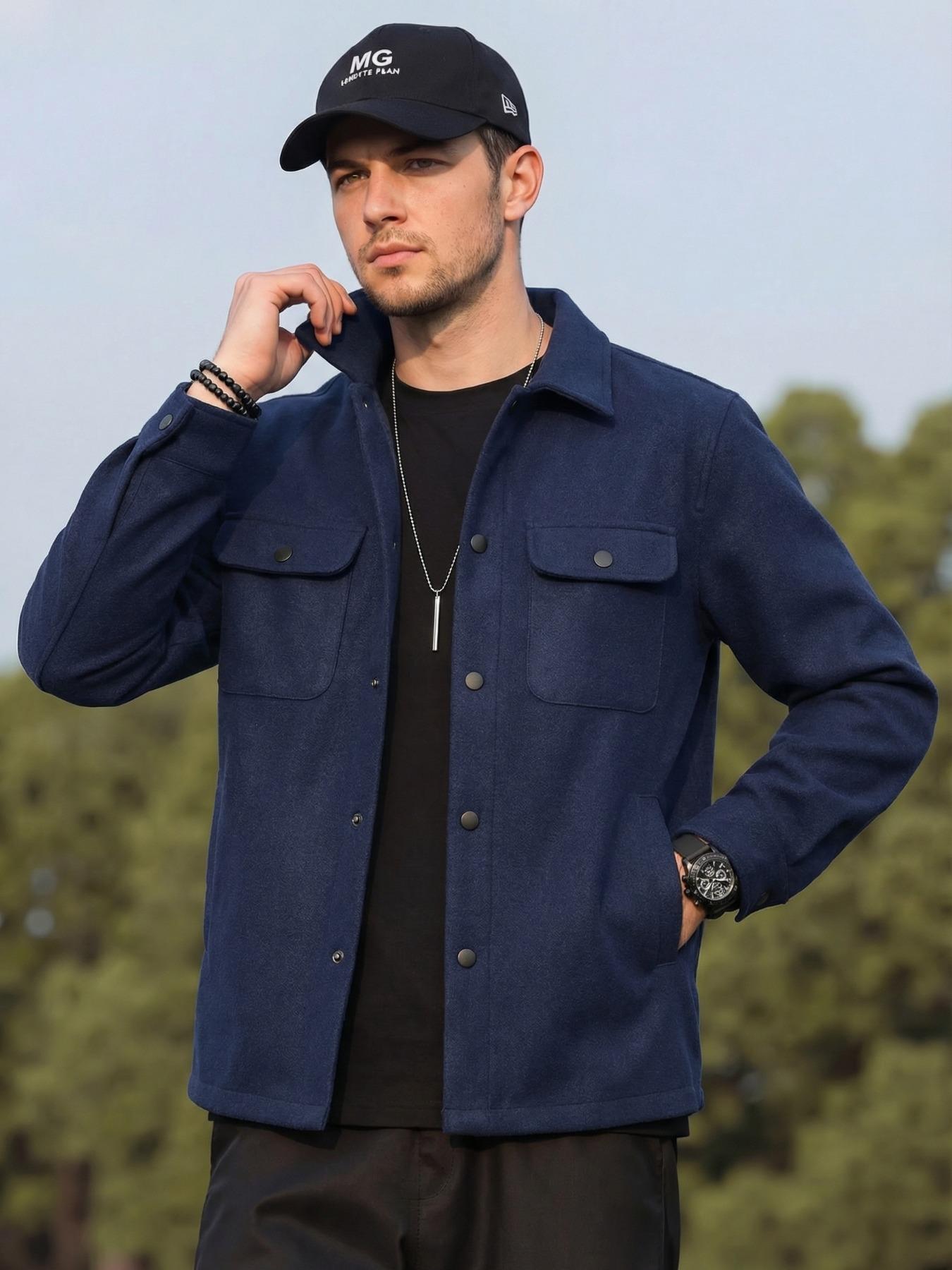 Men's Casual Thick Woven Solid Pocket Jacket Coat, Fitted Design for Work & Outdoor, Lightweight for Fall Winter Season