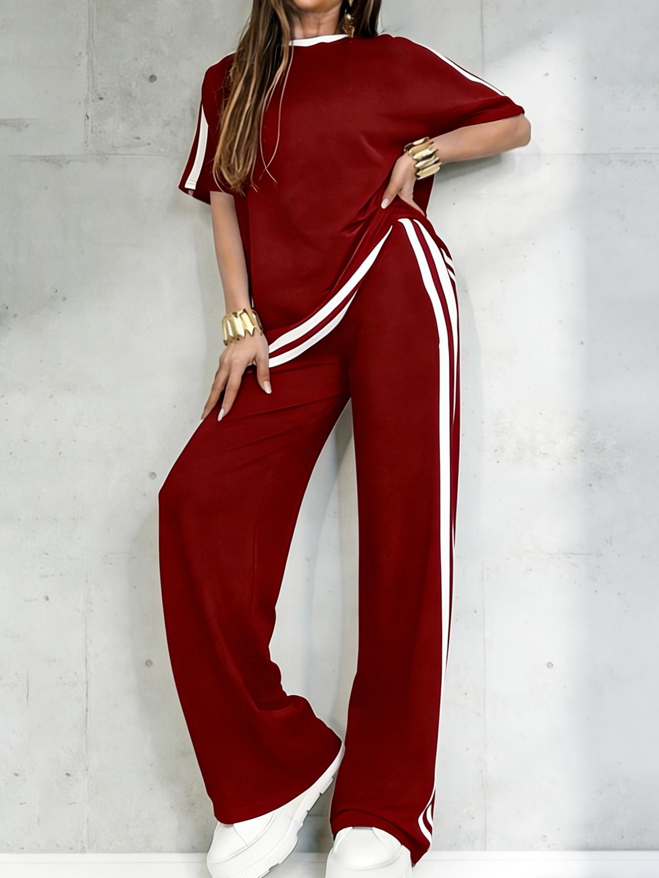 Women's Casual Athleisure Sportswear Set, Solid Color Round-Neck Short-Sleeve Split-Hem Top and Striped Long Pants, Spring/Summer Two-Piece Set Women's Casual Athleisure Sportswear Set, Solid Color Round-Neck Short-Sleeve Split-Hem Top and Striped Long Pants, Spring/Summer Two-Piece Set