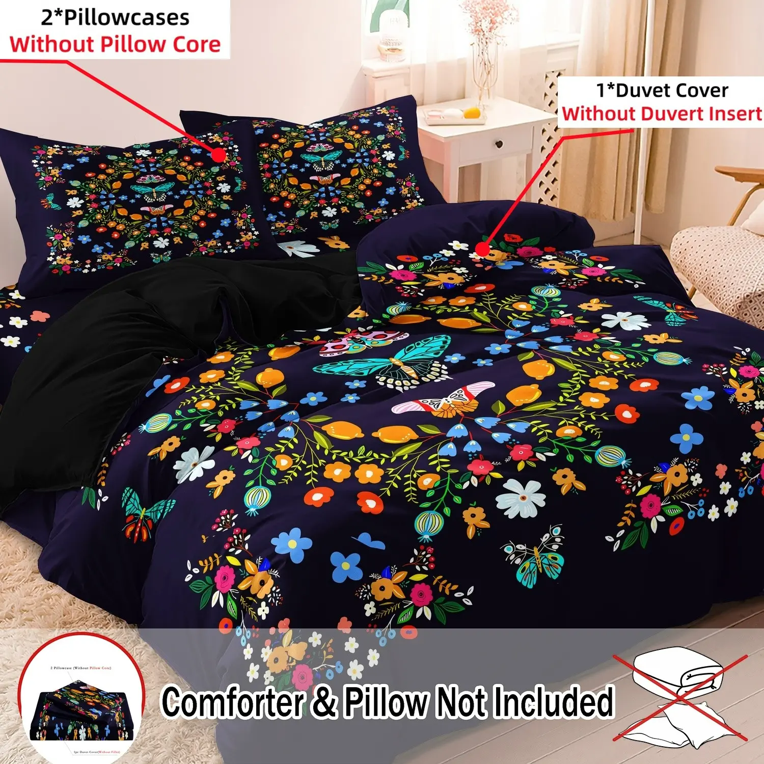 3pcs/Set Rich And Colorful Flower Garlands Plant Printing Bedding Duvet Cover Sets,Butterfly Animals Digital Printing Duvet Cover,Soft Comfortable Bedding Set For Home Bedroom Hotel,(Including 1 Duvet Cover & 2 Pillowcases,No Core),Decorative Duvet Cover