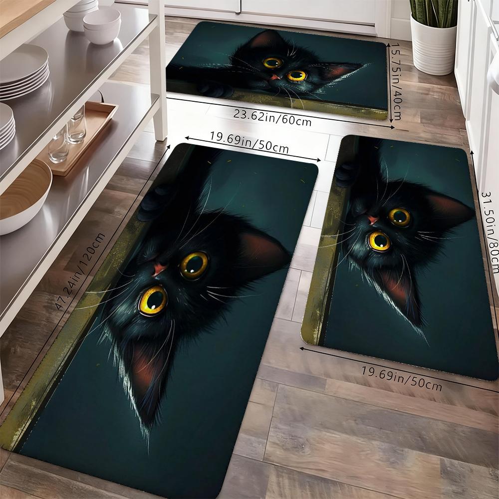 Cute Black Cat Kitchen Rug Set, Kitten Non-Slip Washable Floor Mats, Cute Animal Runner Rugs for Kitchen, Living Room & Cat Lover Home Decor
