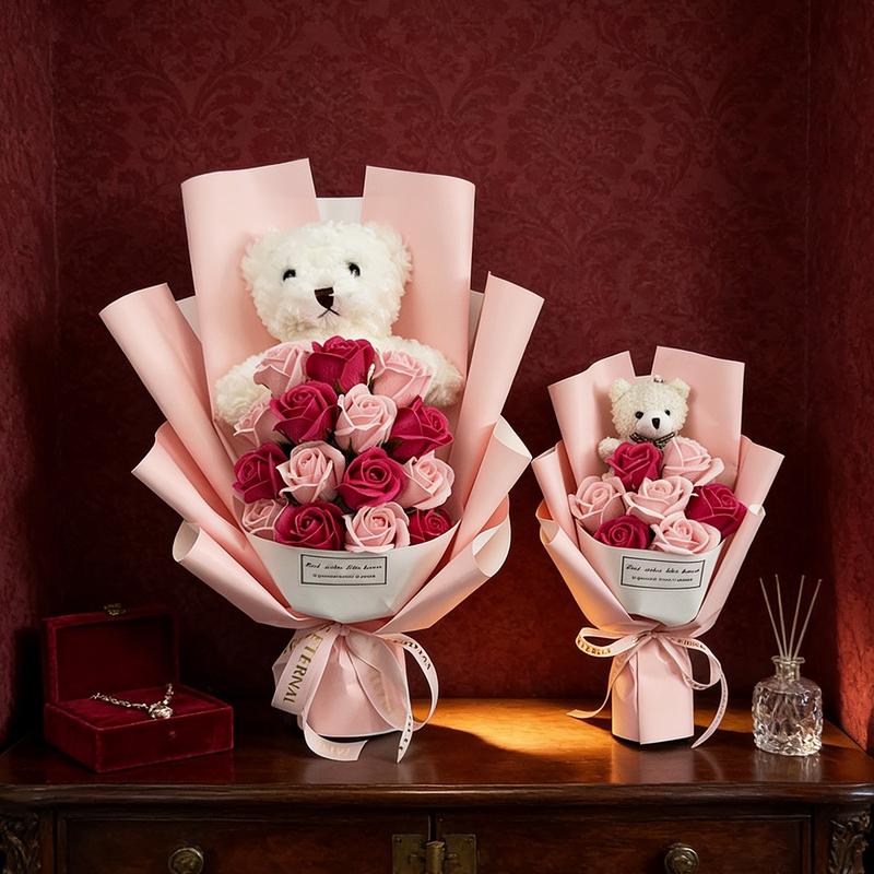 Boutique Rose Gift Box, 1 Set Artificial Rose Soap Flower Bear Cartoon Doll Bouquet Gift Box, Romantic Eternal Rose Bouquet, Deluxe Gift Box Set, Simulated Rose Desktop Bedroom, Unique Creative Gift for Birthday，christmas Gifts, Christmas Bouquets