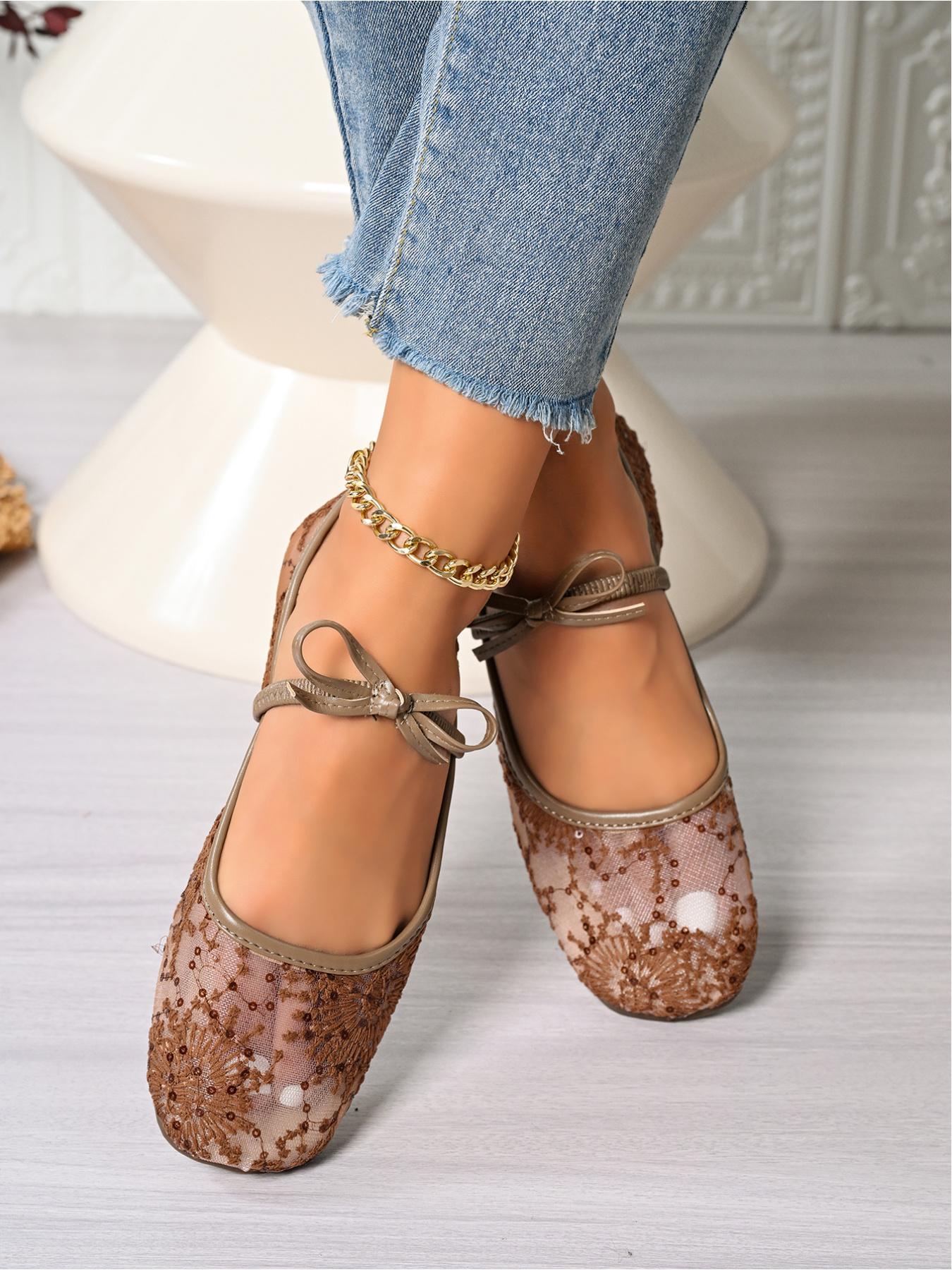 Women's Lace Mesh Mary Jane Flats, Bowknot Ballerina Shoes for Summer, Classic Ballet Flats, Casual Flat Footwear