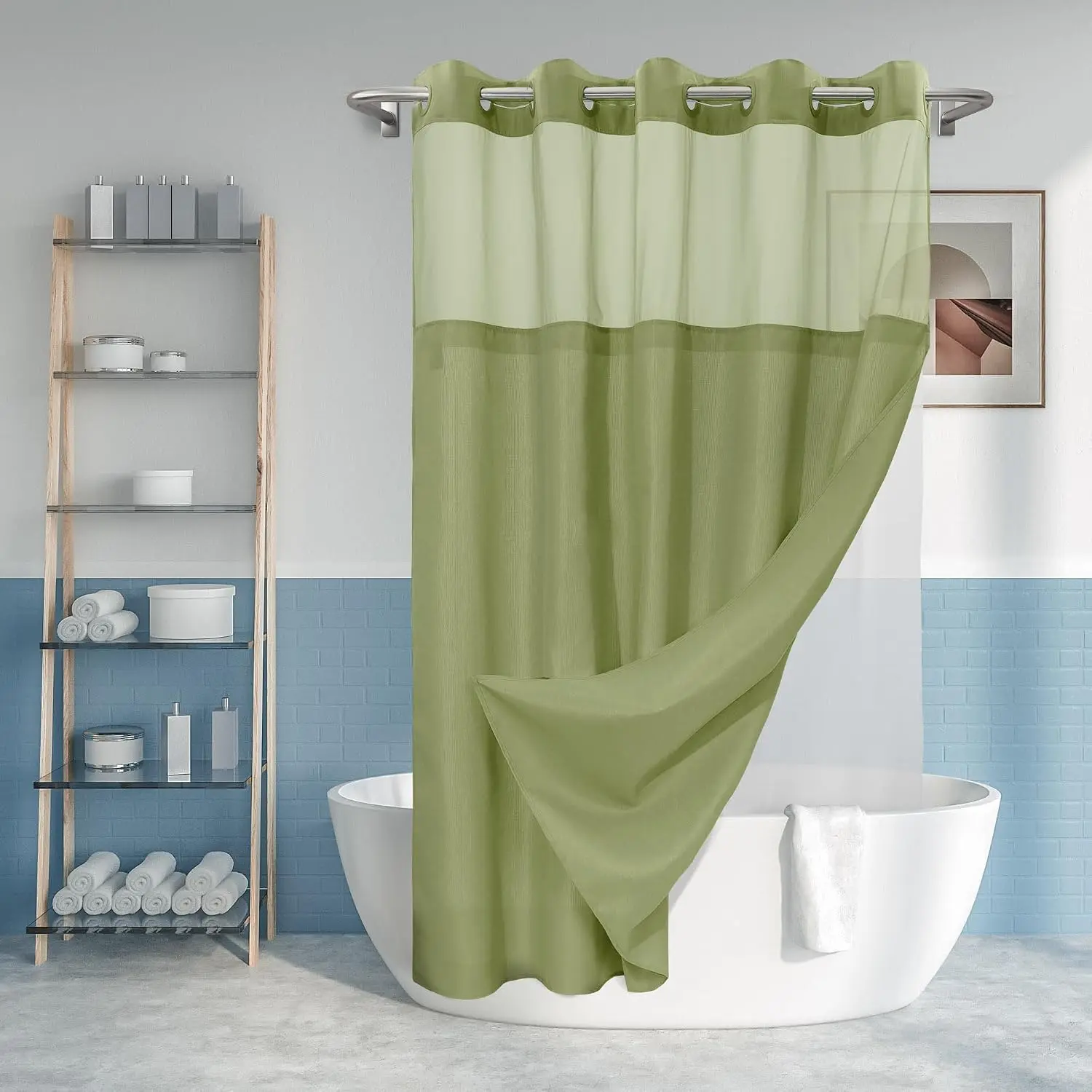 No-Hook Sage Shower Curtain Set with Snap-In PEVA Liner, 71x74 Inches - Slub Texture, Waterproof Snap-On/Off Liner, See-Through Top Window, Hotel-Style Standard Bathroom Curtain Set