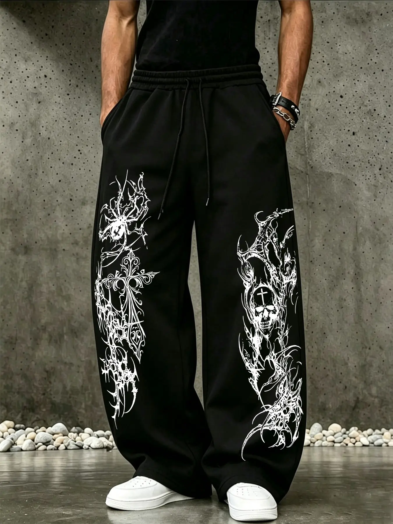 Unisex Loose Fit Oversize Streetwear Pants, Casual Jogger Long Pants, Vertical Dark Art Skull Spider Print, High Elastic Waist, Spring Fall Fashion