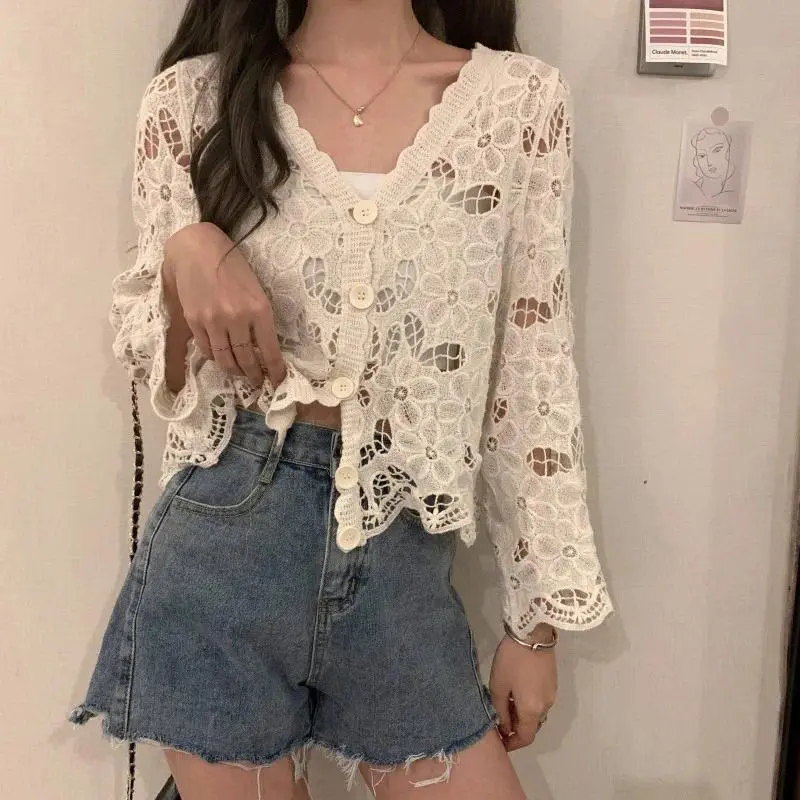 Long Sleeve Crochet Top Women Beach Bikini Cover Up Button-up Knit Cardigan Blouse Ladies blusas para mujer Vacation Boho Outfit