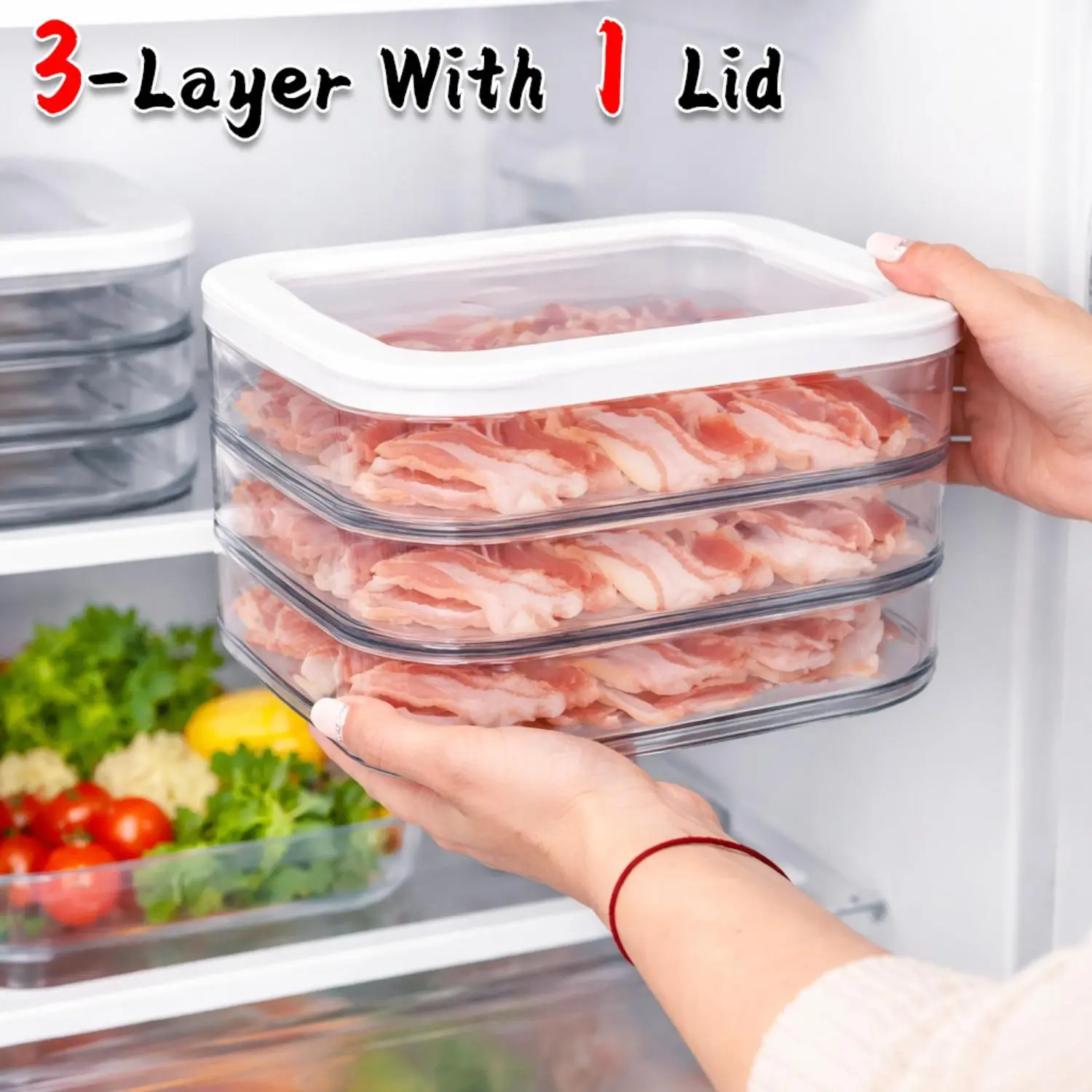 FAXHION 3-Layer Stackable Freezer Box with Triple Compartment and Lid, Designed for Storing Meat, Cheese, Vegetables and Fruit. Clear Freezer Storage Box, A Must-have in The Kitchen, To Ensure Food Safety in The Refrigerator. A Great Gift