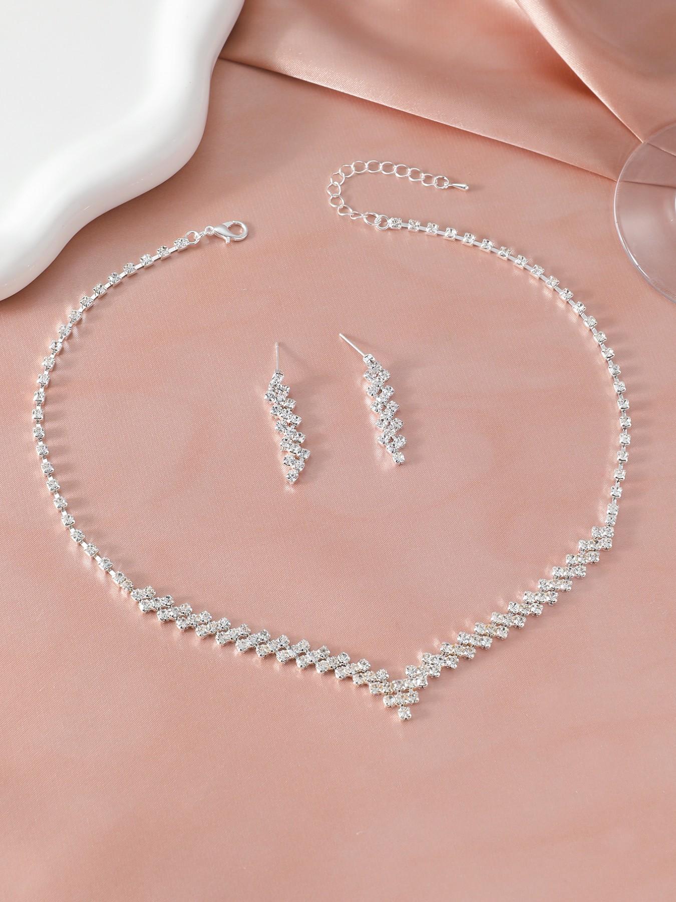Elegant Rhinestone V-Shape Necklace & Earrings Jewelry Set, Perfect for Parties, Weddings, Birthdays, Gifts, All Seasons