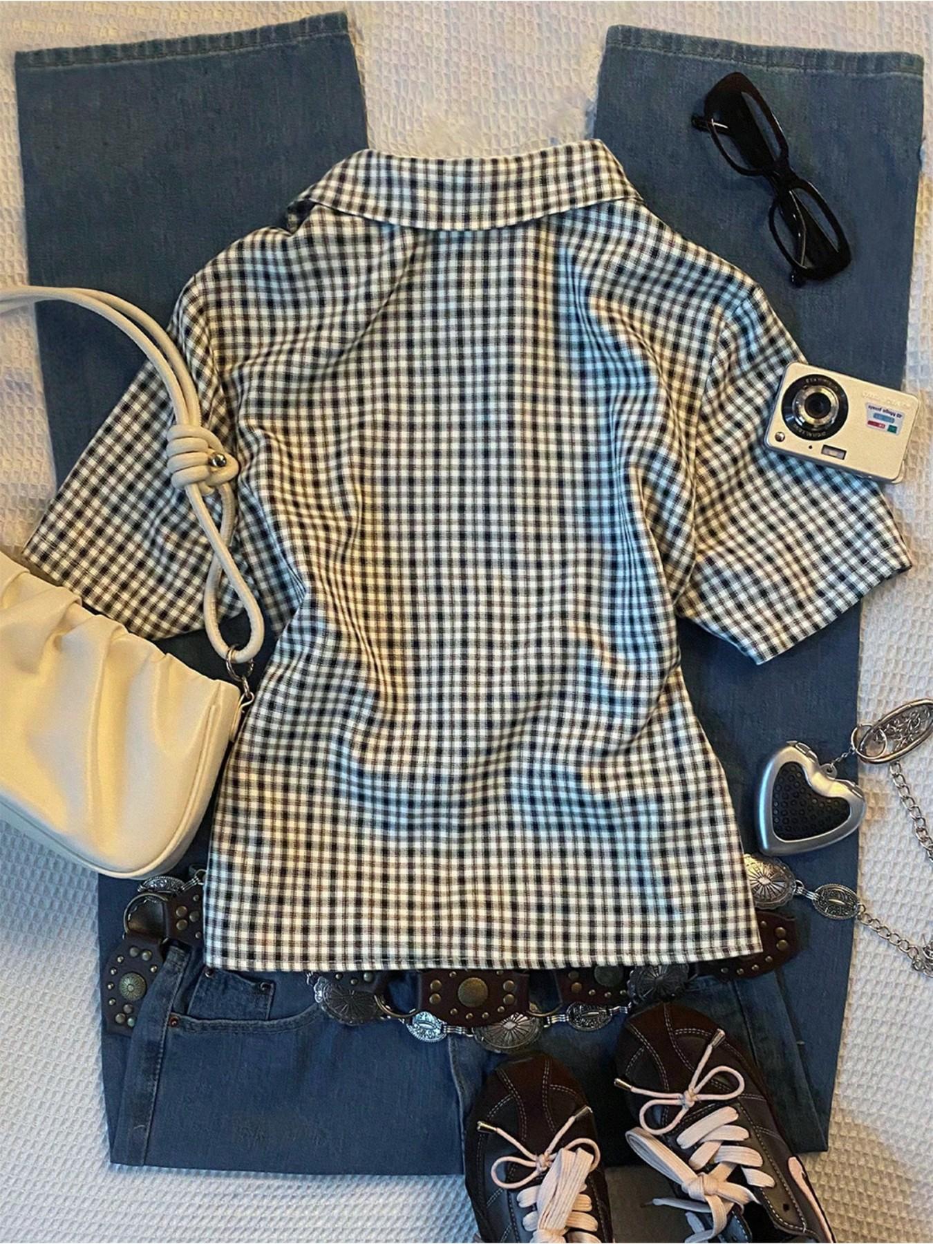 Women's Casual Retro Vintage Plaid Short Sleeve Shirt Blouse, Polo Neck Design, Comfortable Style, Casual Collared Top, Ideal for Daily Wear, Back-To-School Season, Casual Basic Top