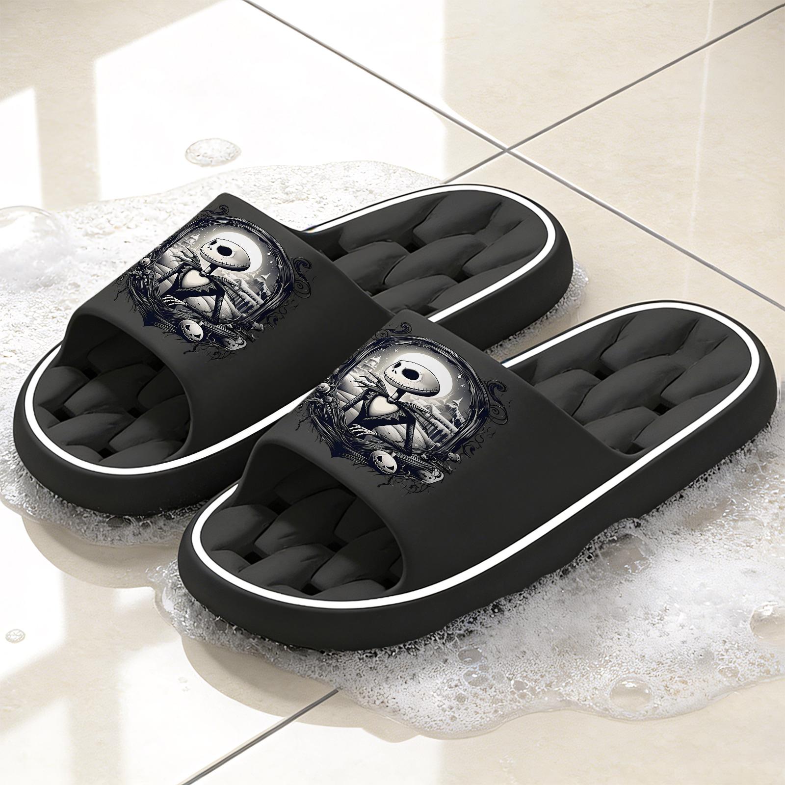 Halloween The Nightmare Before Christmas Jack Skellington Print Slippers Unisex Soft Sole Slides For Indoor And Outdoor Wear Halloween Party Cosplay Footwear Comfortable Non Slip Dark Style Casual Slipp