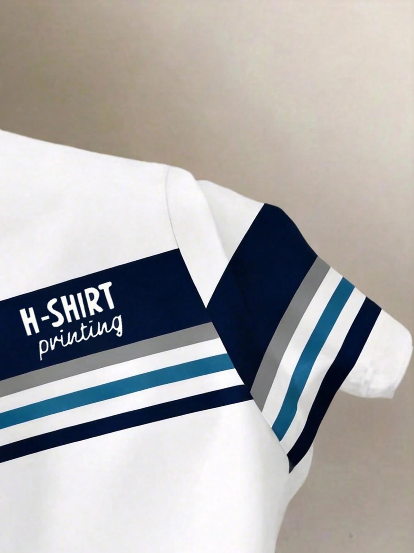 American Retro Colorblock Striped Letter Print Short Sleeve T-Shirt, Men's Summer Loose Casual Round Neck Top, Graphic Fitted Tee