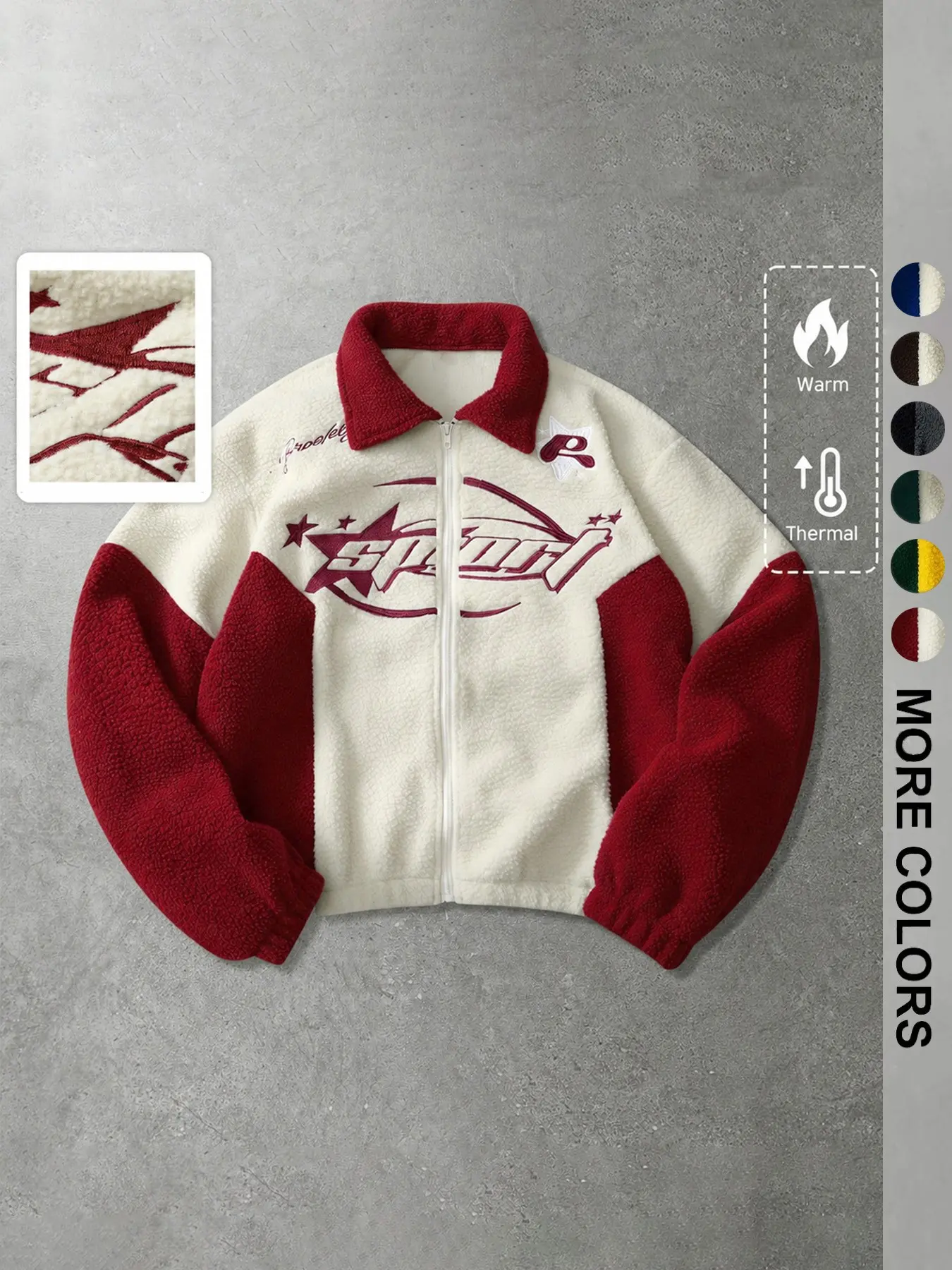 Men's Vintage Star Embroidered Fleece Jacket, Women's Patchwork Zipper Roll Collar Outerwear, Unisex Winter Warm Pullover Coat, Casual Warm Coat