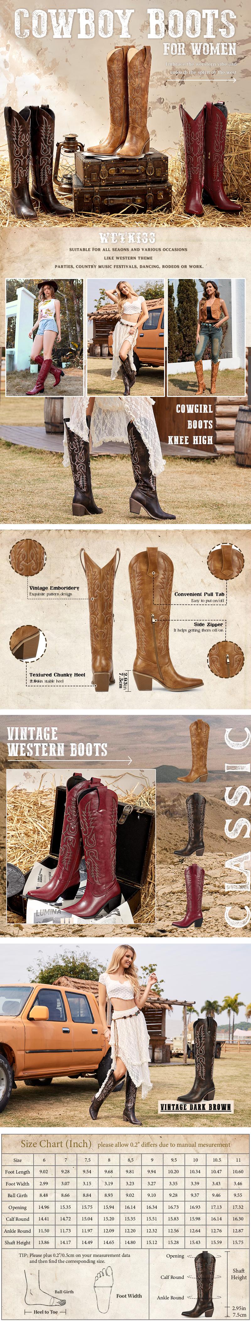 Wetkiss Womens Cowboy Boots Side Zipper Dark Brown Cowgirl Knee High Retro Tall Cowgirl Vintage Embroidery Pointed Toe Chunky Heel Ladies Red Tall shoes,Women's Shoes,Women's Boots #TikTokShopSpringGlowUp #greenish