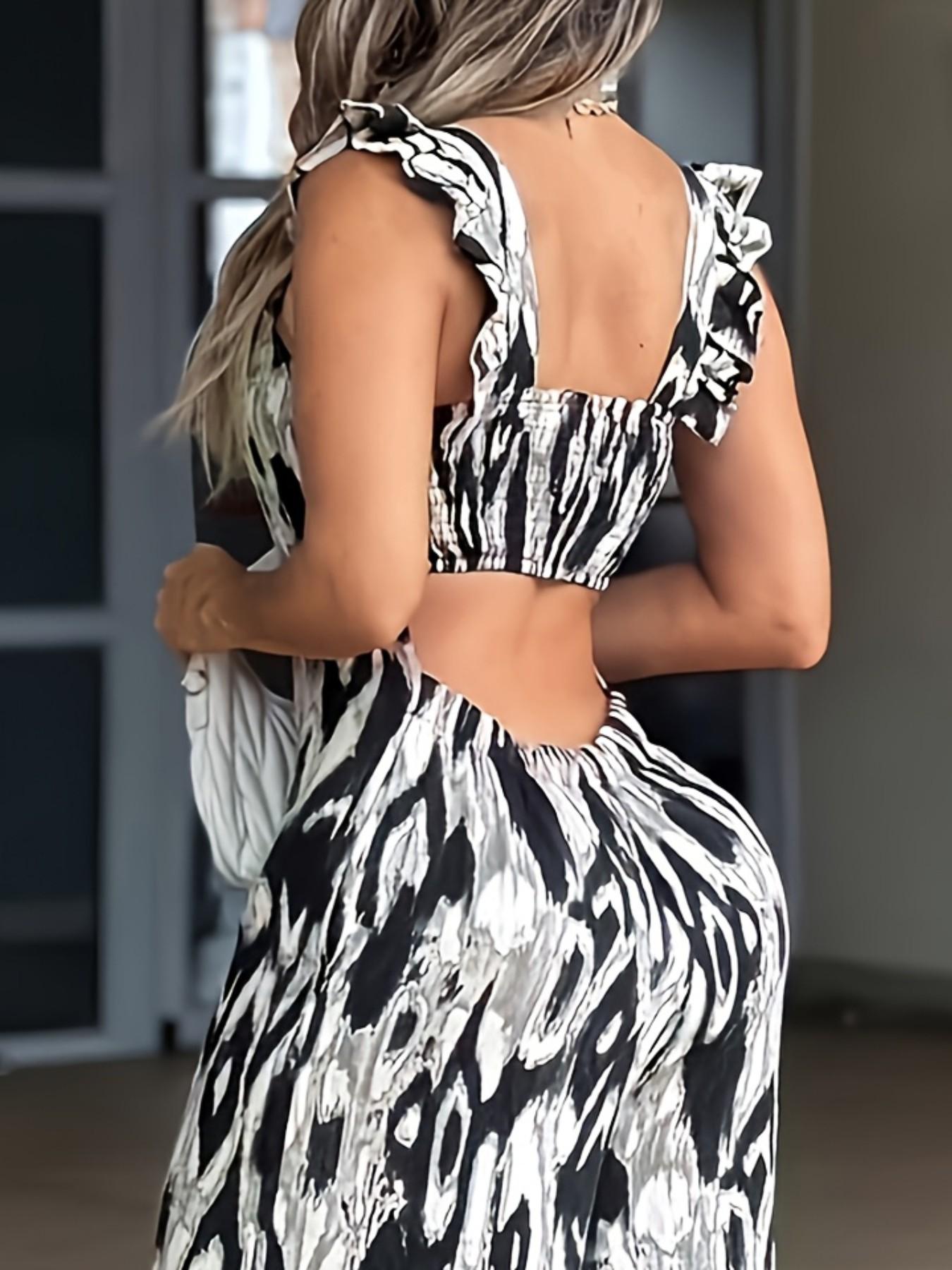 New Women's Romper Dress Jumpsuit, Strapless Romper Wide Shoulder Straps Flared Leg Casual Vacation Style Slimming One-Piece