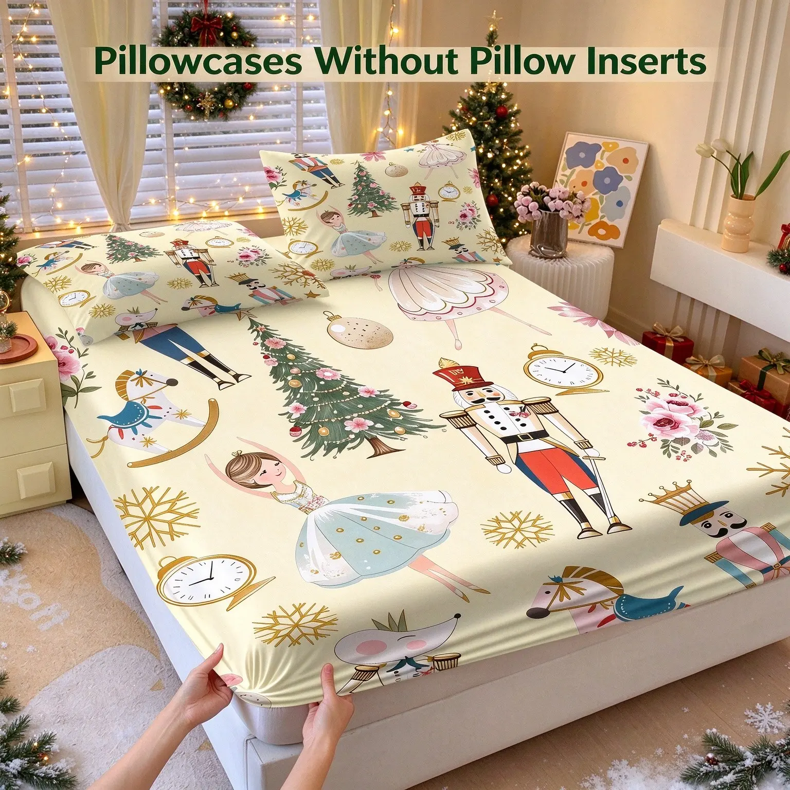 3-Piece Christmas Nutcracker Fairy Tale Print Fitted Sheet Set, Festive Theme, 1 Fitted Sheet + 2 Pillowcases (Pillow Inserts Not Included), Soft Skin-Friendly Bedding, Festive Fairy Tale Style, Anti-slip Dustproof for Bedroom, Bedding Perfect for Gif