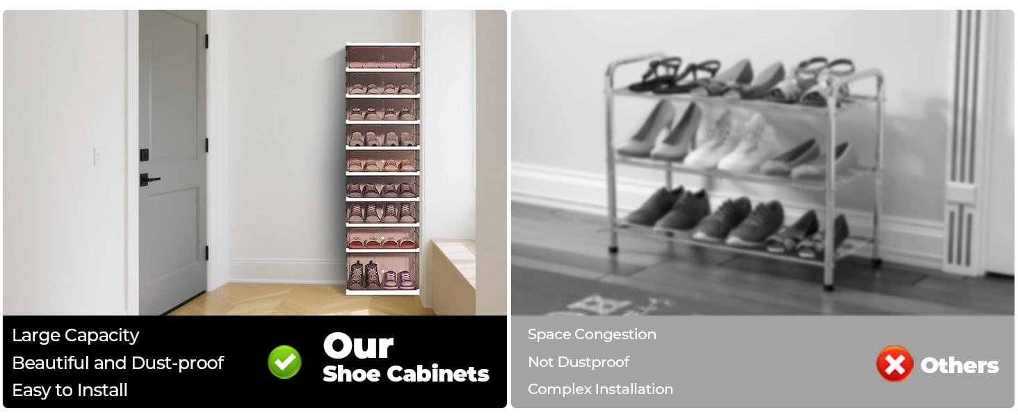 9 Tier 18 Pairs Foldable Shoe Rack with Wheels, Portable Plastic Shoe Storage Cabinet with Clear Magnetic Doors Space Saving No Assembly for Entryway, Living Room, Closet