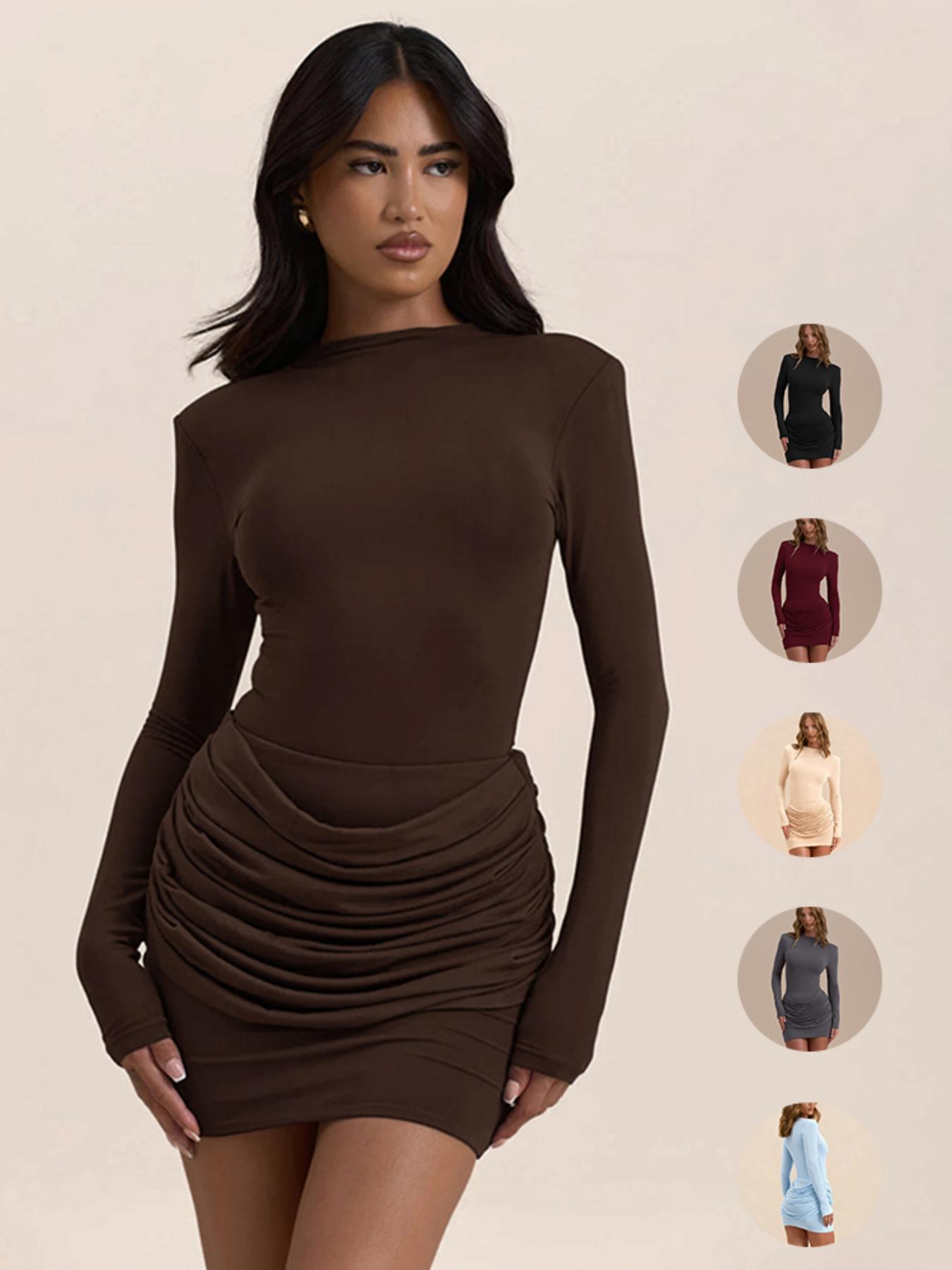 Elegant Women's Solid Color Ruched Dress, Spring & Fall Long Sleeve A-Line Gown, Perfect for Evening Events and Dates, Fit