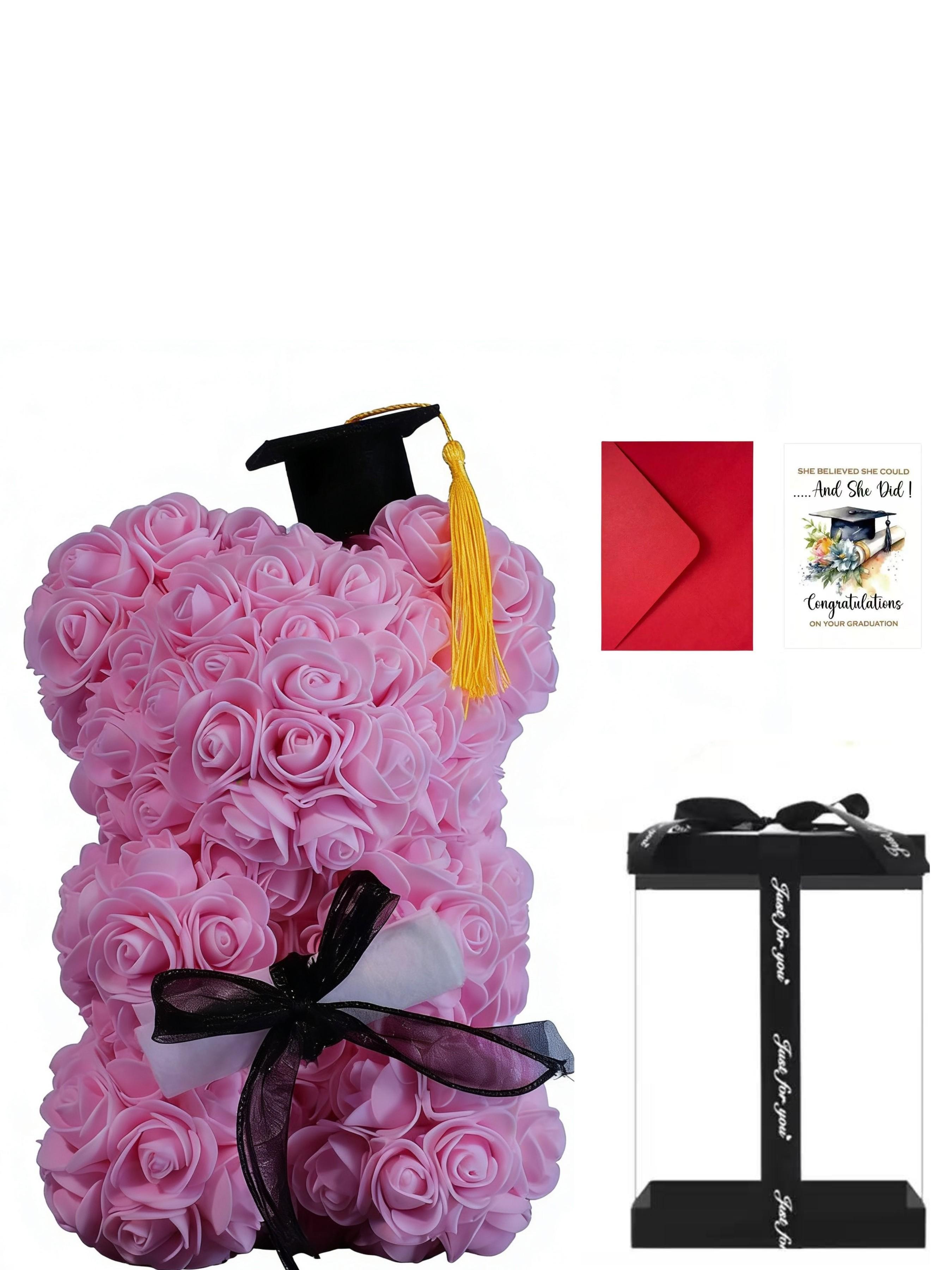 Graduation Gift Card with Bear Design, Pe Rose Flower Theme, Perfect for Classmates, Includes Envelope, Ideal Graduation Souvenir
