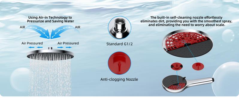 Hibbent Self-cleaning Shower Head, 10'' High Pressure Shower Head, Showerhead Combo/Handheld Shower Head, 12'' Adjustable Curved Shower Extension Arm, 71'' Hose, 2 Shower Holders