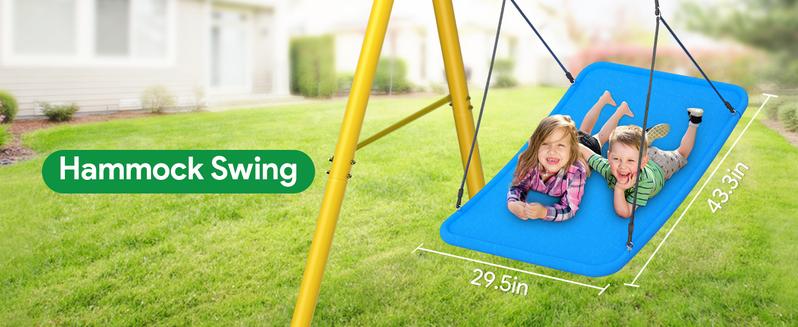 Osoeri Swing Sets for Backyard, 6 in 1 Swing Sets,Heavy-Duty Metal Swing Sets for Backyard with 2 Swings, Climbing Ladder and Nets,Trapeze Bar and Basketball Hoop