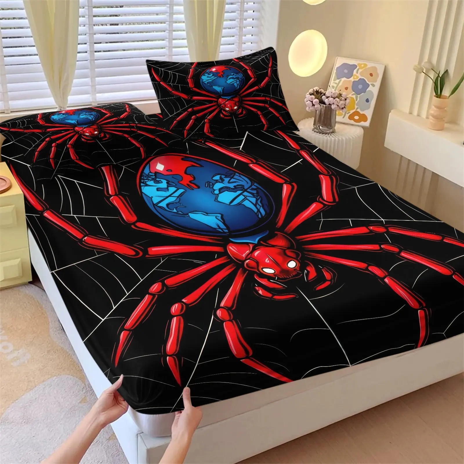 Cool Gothic Spider Print Fitted Sheet Set, 1 Fitted Sheet & 2 Pillowcase No Filling Bedding Set, Soft Deep Pocket Bed Sheets Set, Dark Style Decor For Bedroom Dorm, Trendy Gift For Boys Teens  Adults All Season Home