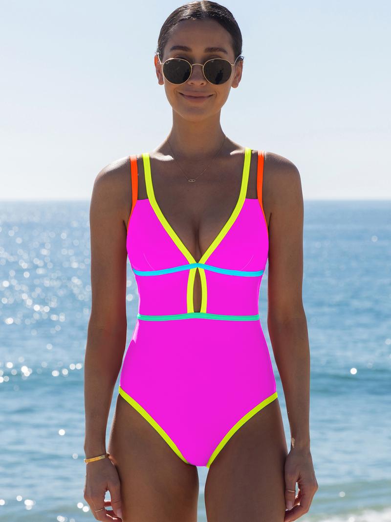 Popvil Color Block Bandage Design Vacation One Pieces,Tummy Control Neon Swimsuit for Women, Neon Bathingsuits