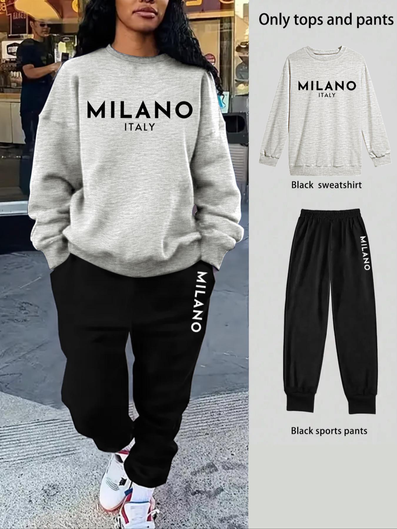 Women's 2-Piece Sweatshirt Set, Milano Letter Print, Long Sleeve Round Neck, Fitted, Drawstring Pants, Casual Fall Winter