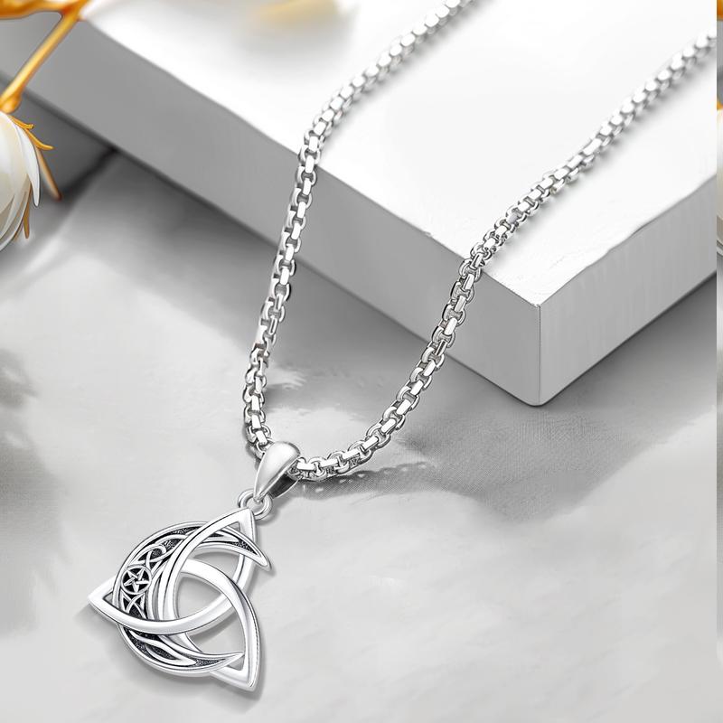 Celtic Knot & Crescent 925 Sterling Silver Cresent Pendant Necklace, Vintage Viking Witch Celtic Knot Pendant Neckalce, Triquetra Pendant, Good Luck Crescent Irish Necklace, Protection Amulet Jewelry Gift for Women Men,