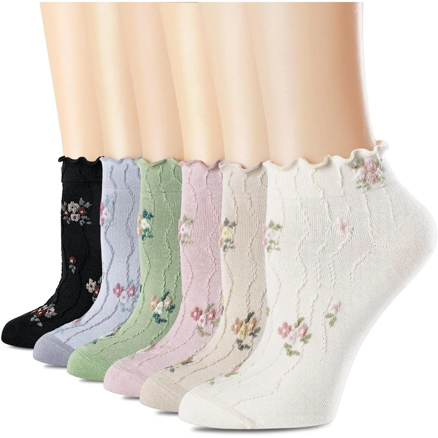 Women's Ruffle Ankle Socks, Vintage Patterned Short Casual Dress Socks, Cute Princess Lettuce Floral 6 Pack(Gift)