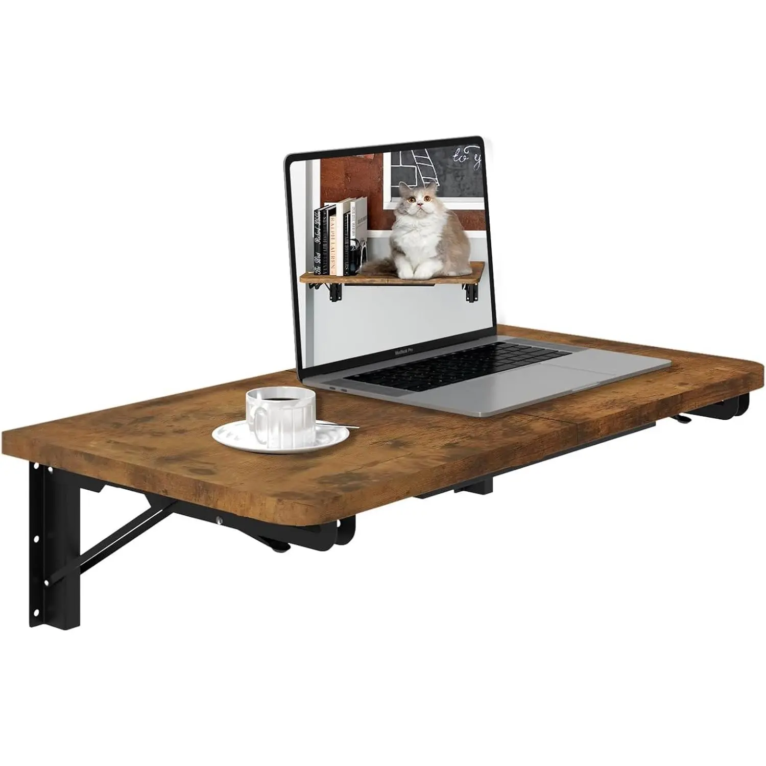 Rustic Wall Mounted Folding Murphy Table with Heavy-Duty Brackets - Installation-Included Space-Saving Floating Desk for Small Rooms, Kitchen; MDF Build, Use as Home Office Desk or Storage Shelves