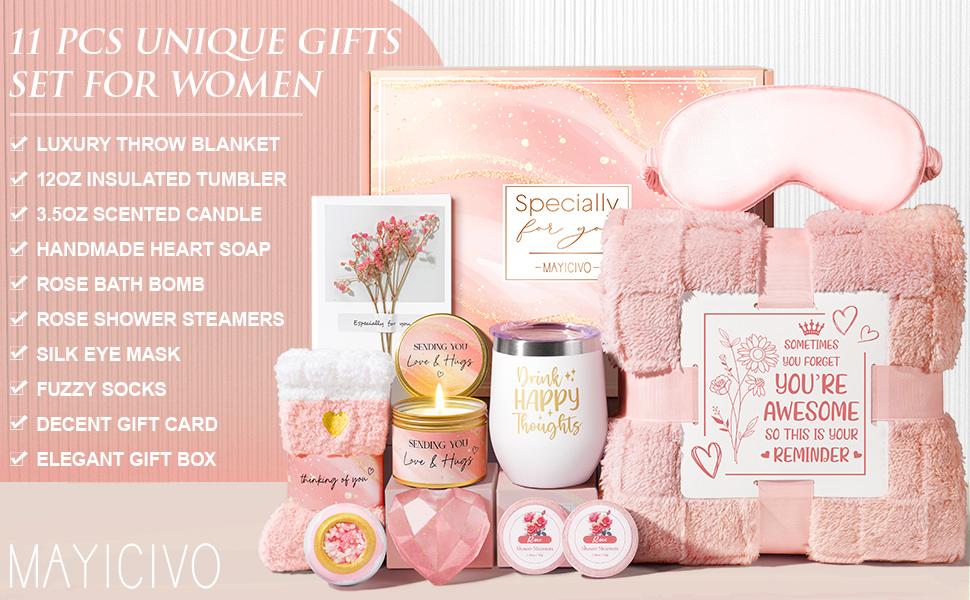 Relaxation Gifts Basket for Women, Rose Relaxing Get Well Soon Spa Gifts with Luxury Blanket, Christmas Mother's Day Birthday Anniversary Thoughtful Gifts for Mom Wife Girlfriend Friend Sister Grandma Teacher Nurse Her